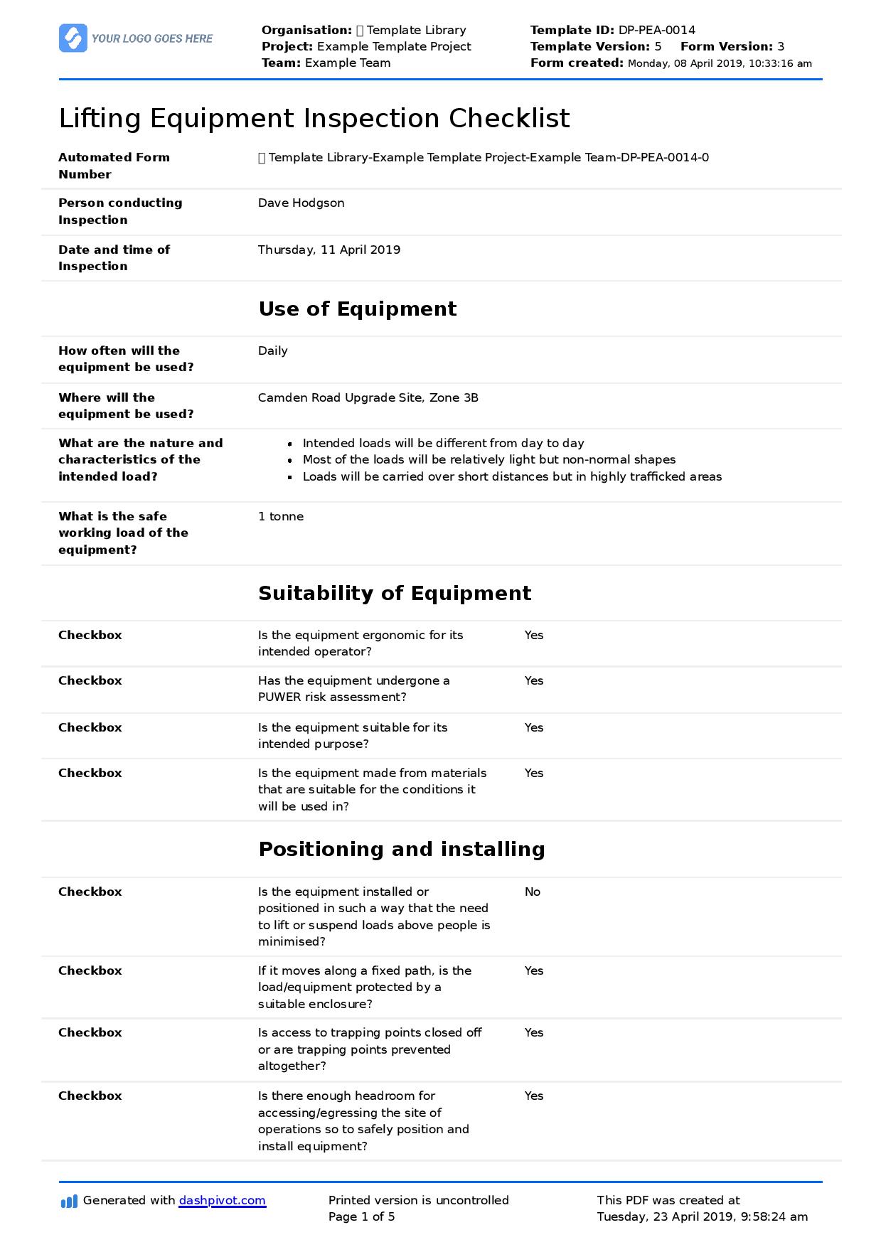 Lifting equipment inspection checklist template