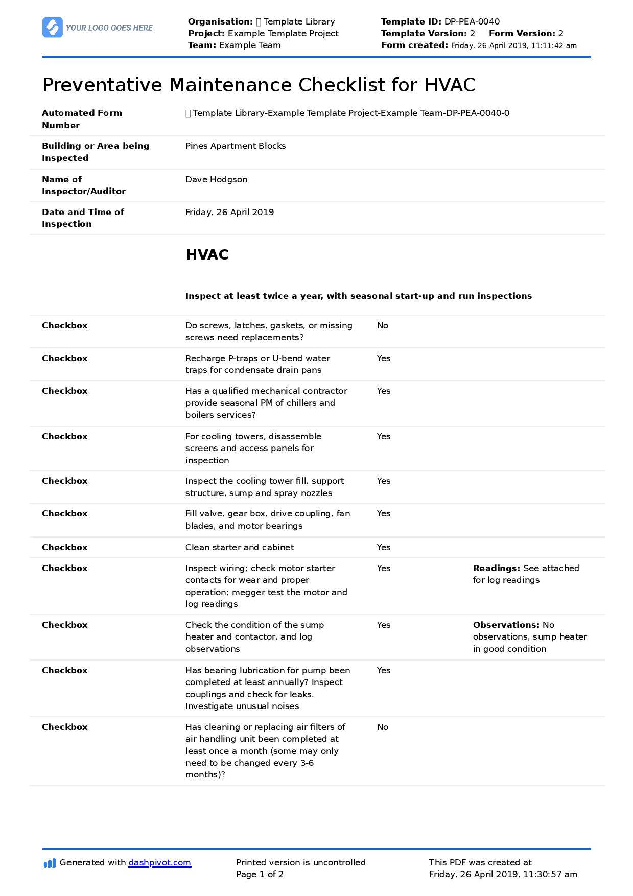 Preventative maintenance checklist for HVAC
