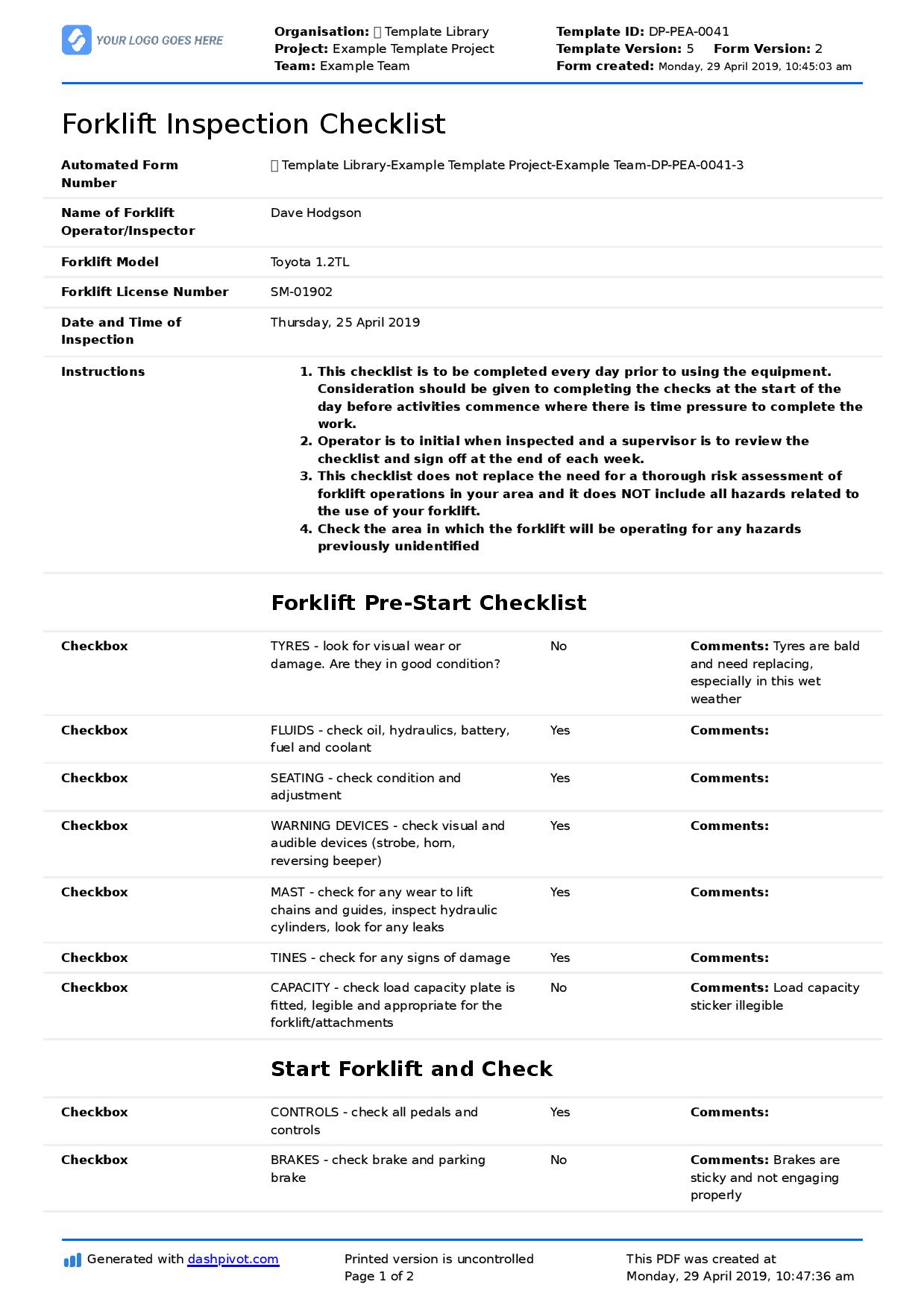 Forklift inspection checklist