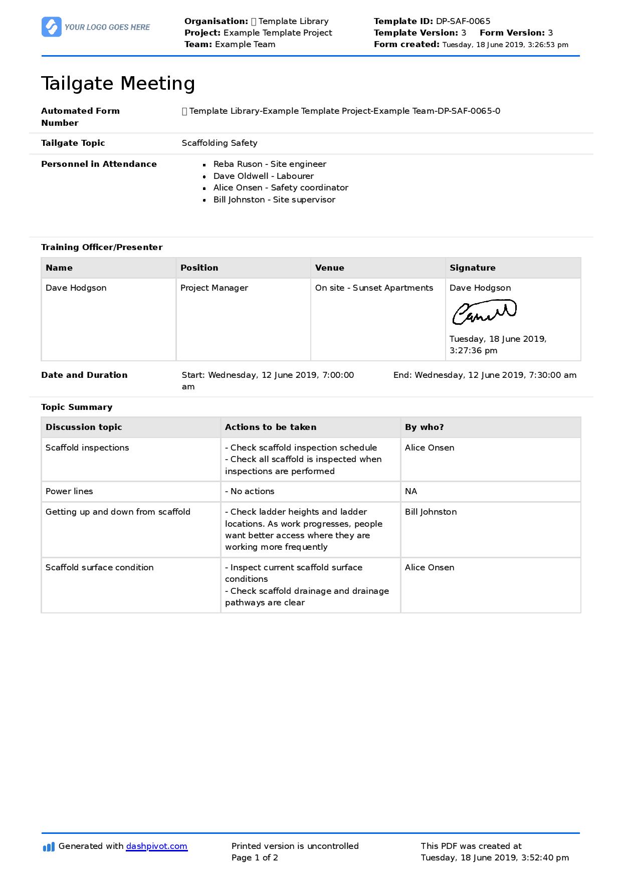 Tailgate meeting template
