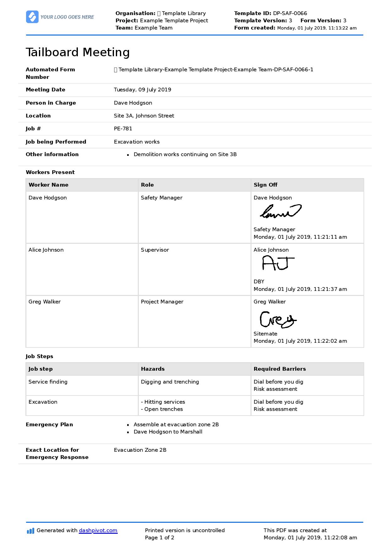 Tailboard meeting form template