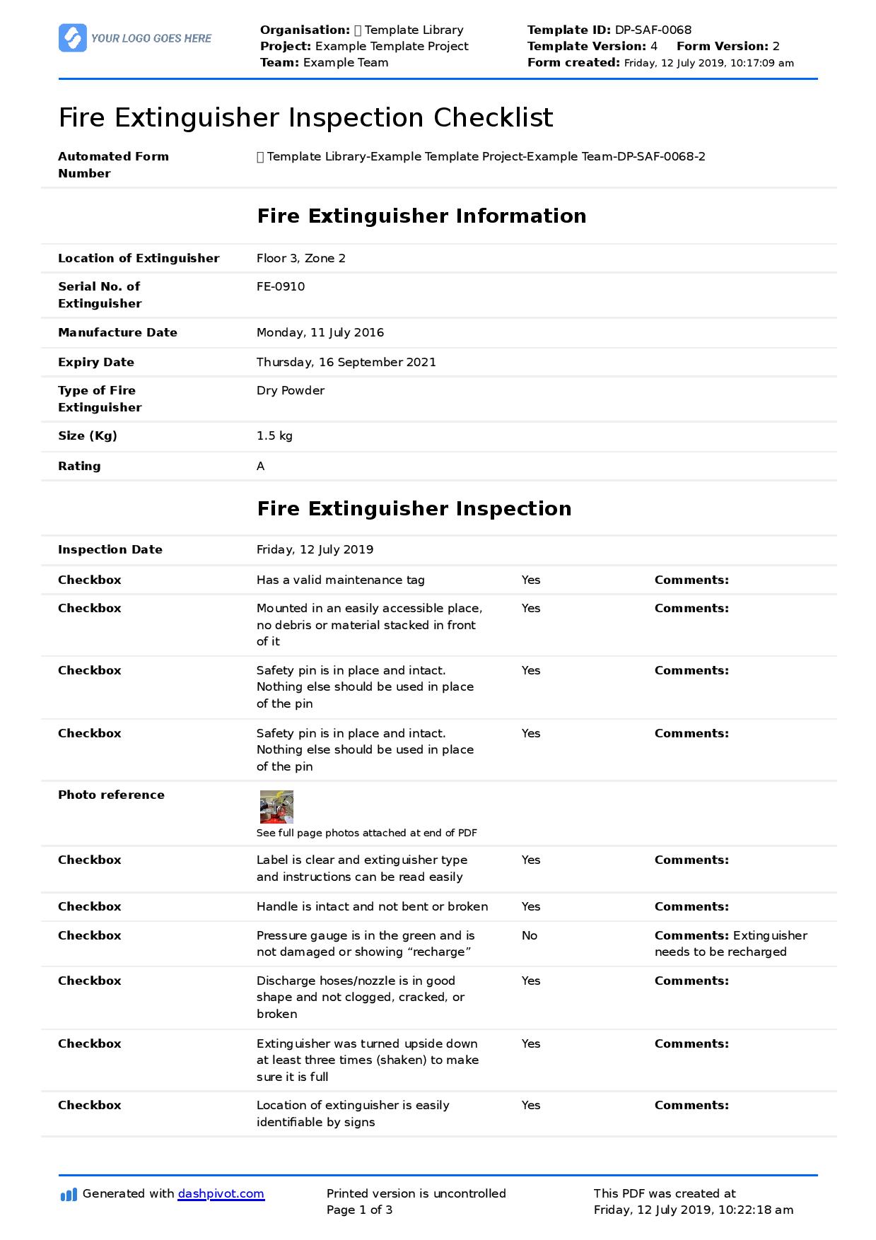 Fire extinguisher inspection checklist template