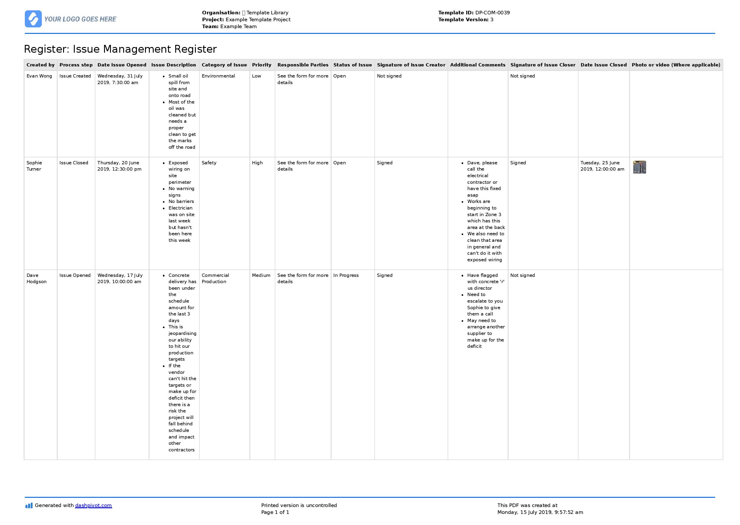 Project management issue log template