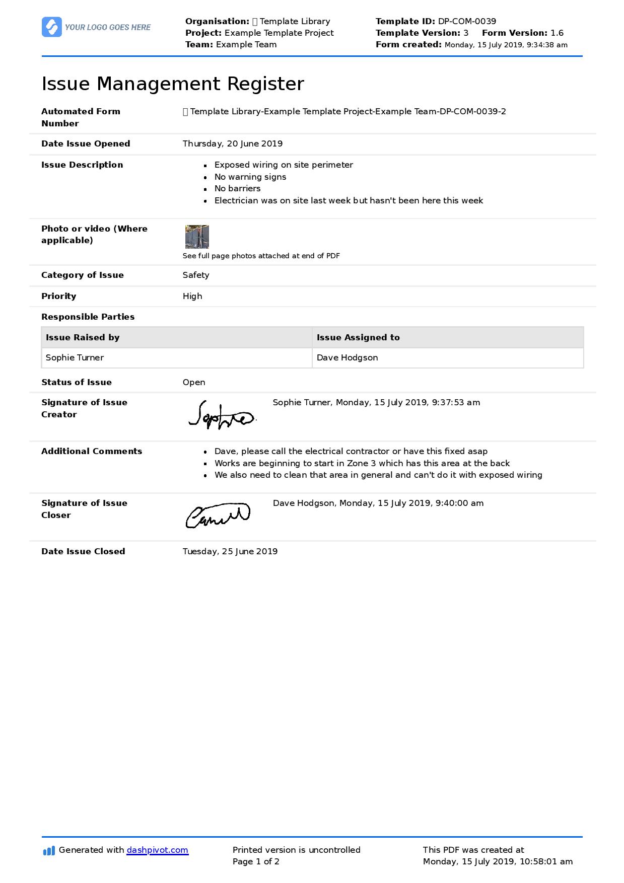 Issue management template