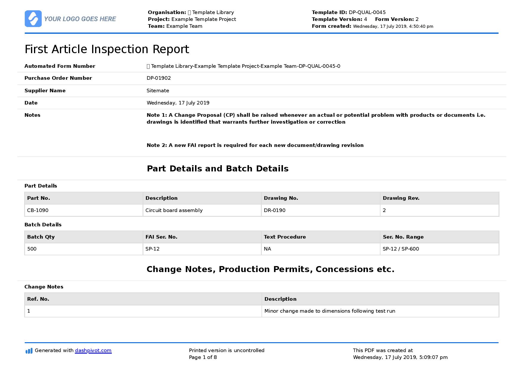 First Article Inspection ReportF