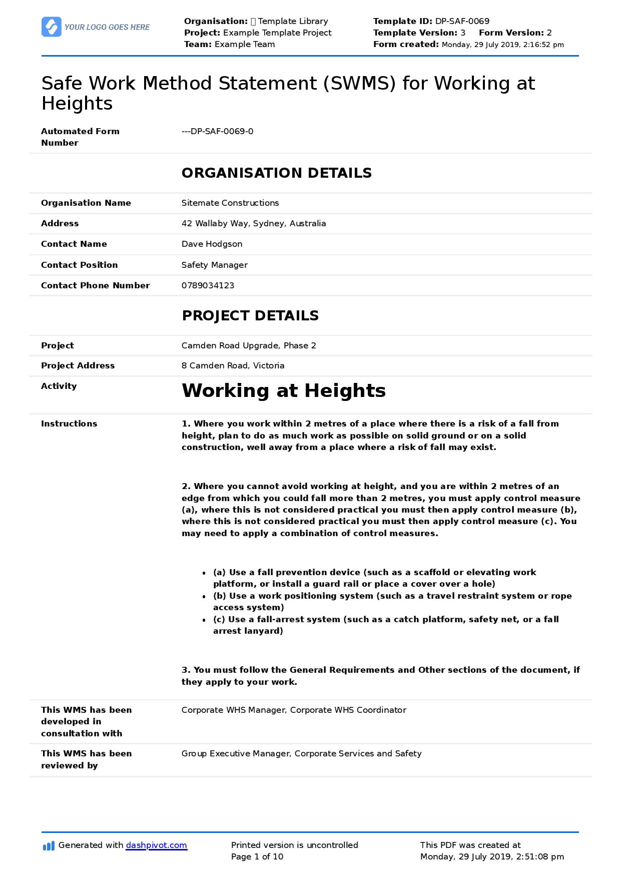 Safe work method statement for working at heights