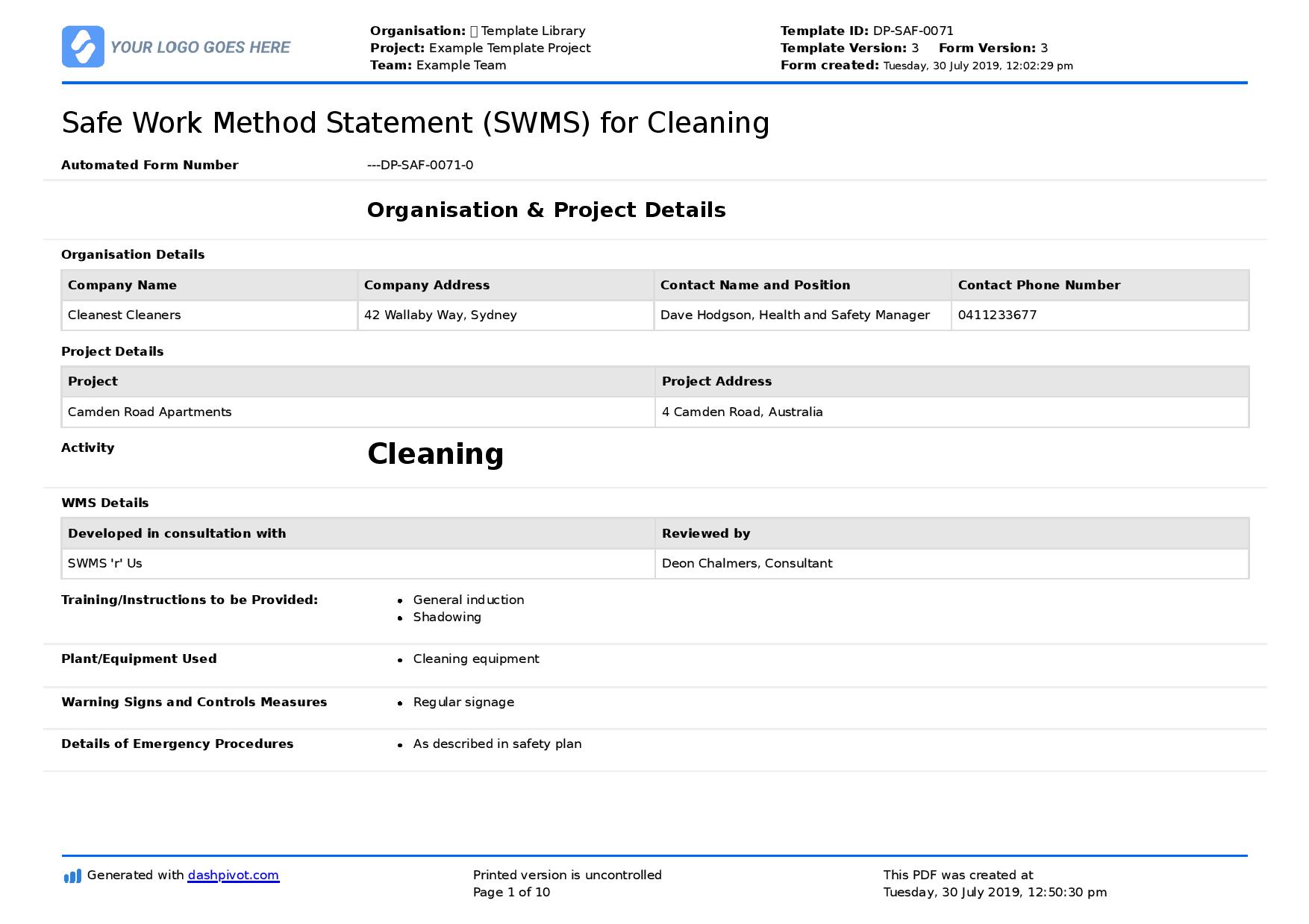 Safe work method statement for cleaning