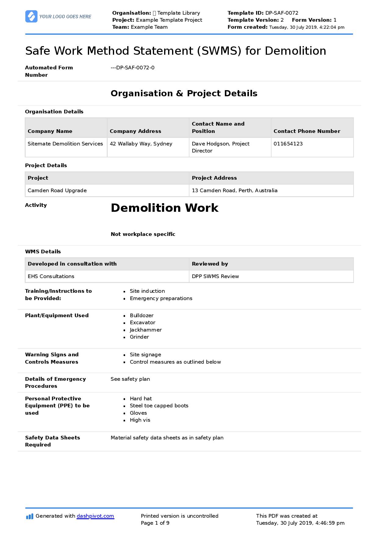 Demolition work method statement SWMS