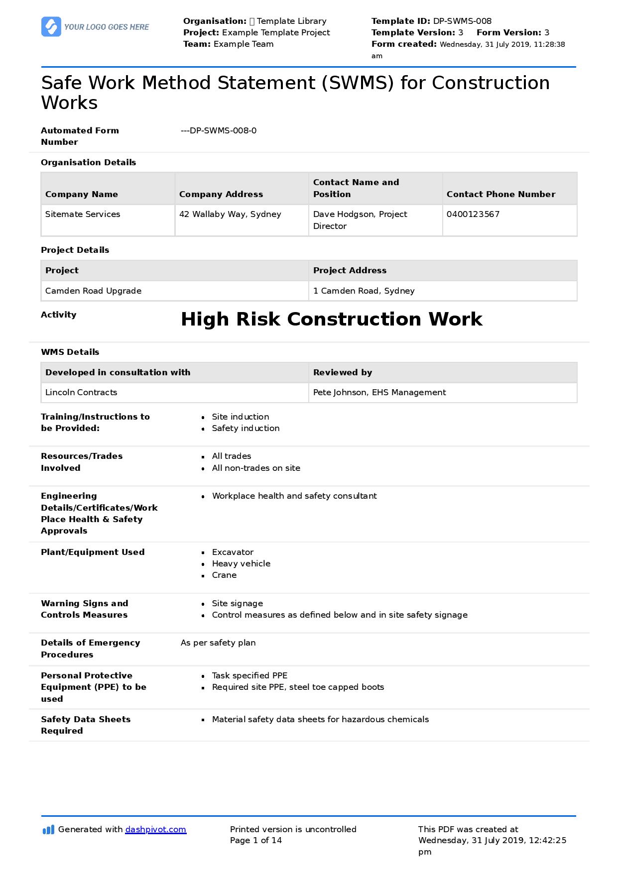 Safe work method statement for construction work