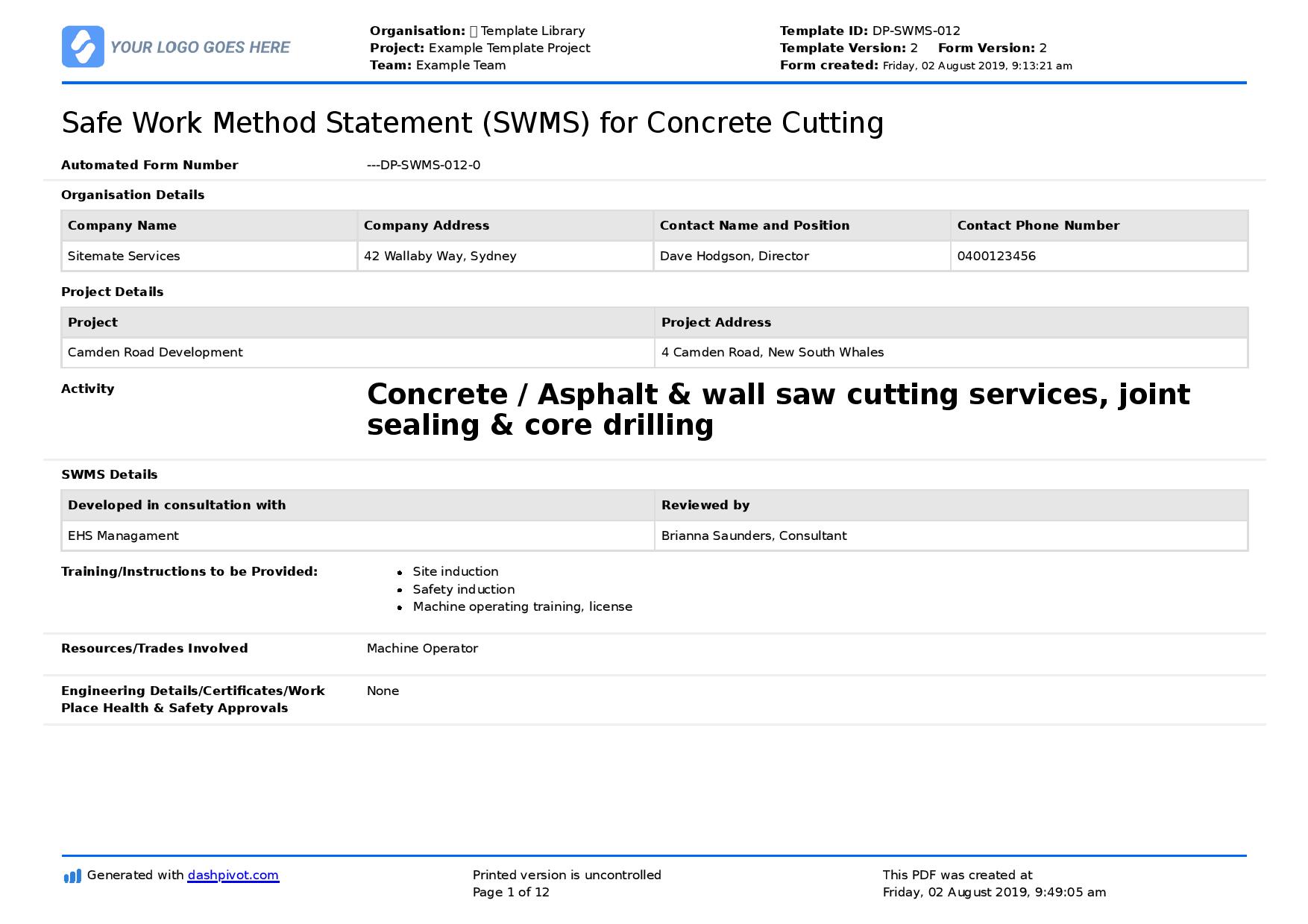 Concrete cutting SWMS