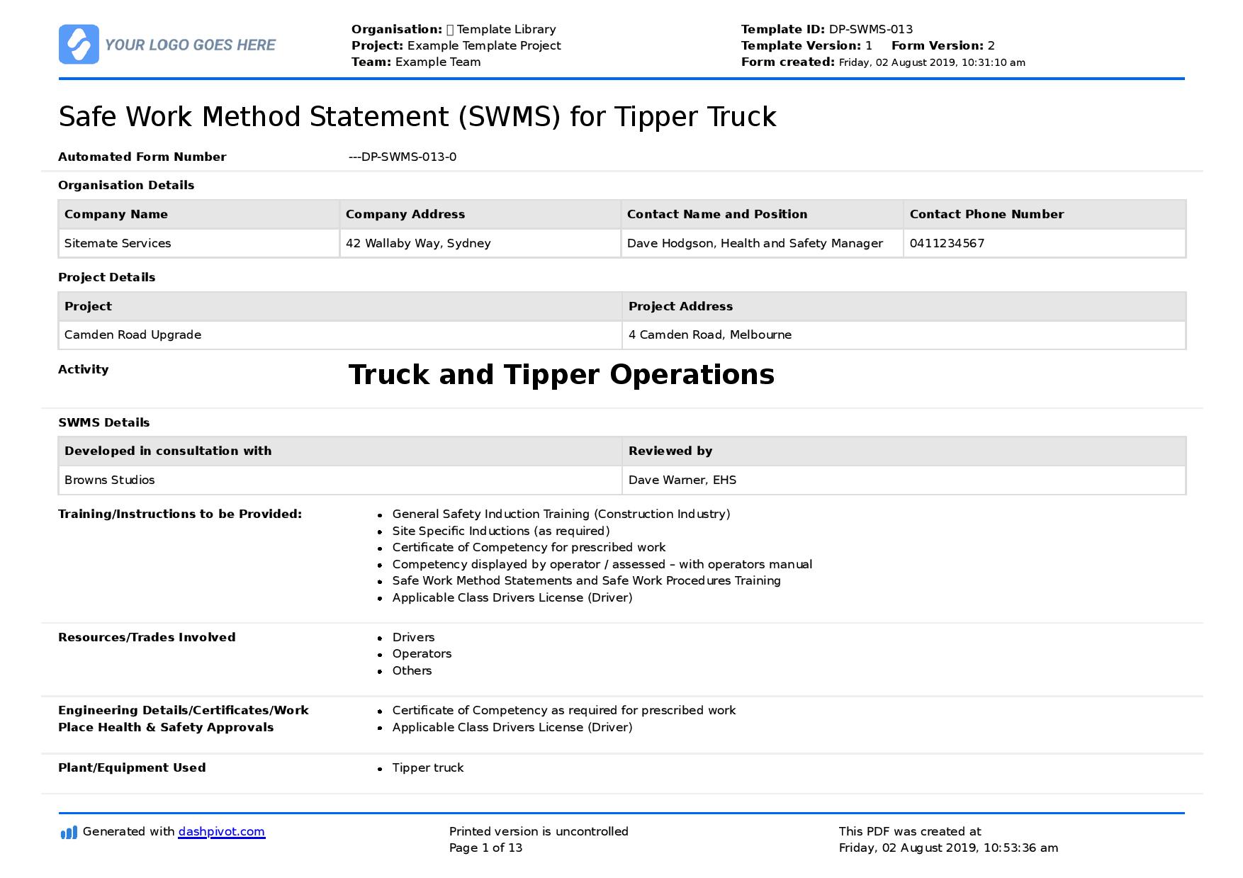 Tipper truck safe work method statement