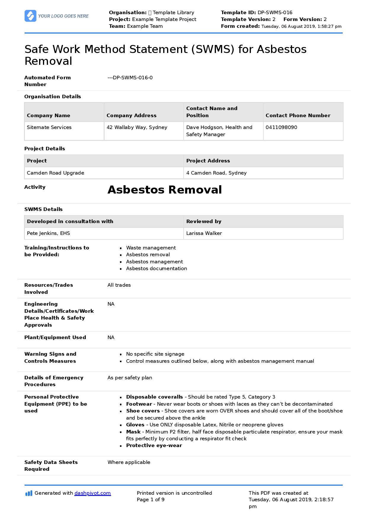 Safe work method statement for asbestos
