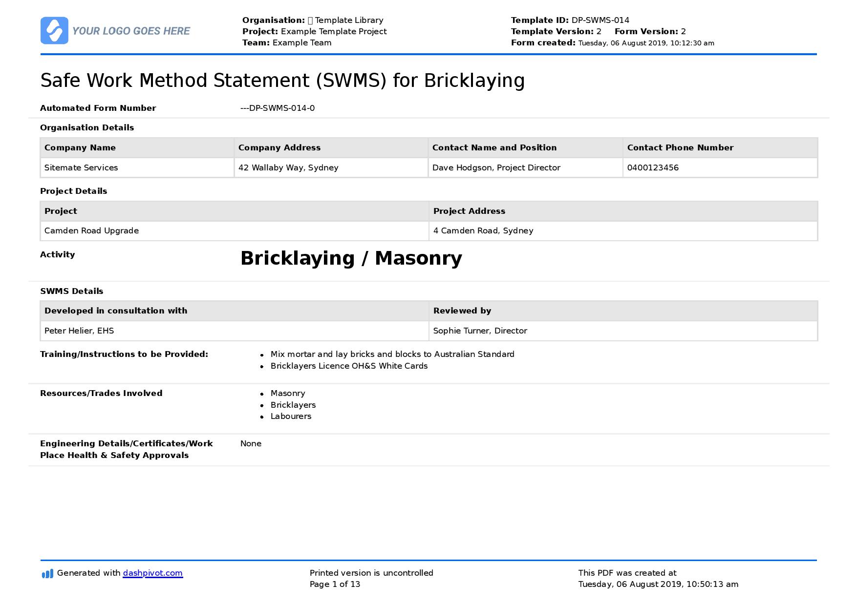 Bricklaying safe work method statement