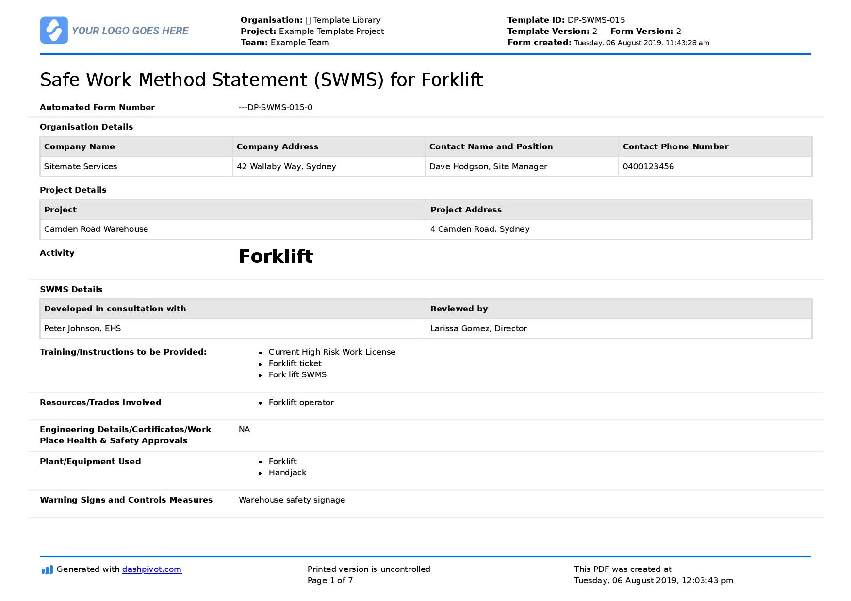 Safe work method statement for forklift