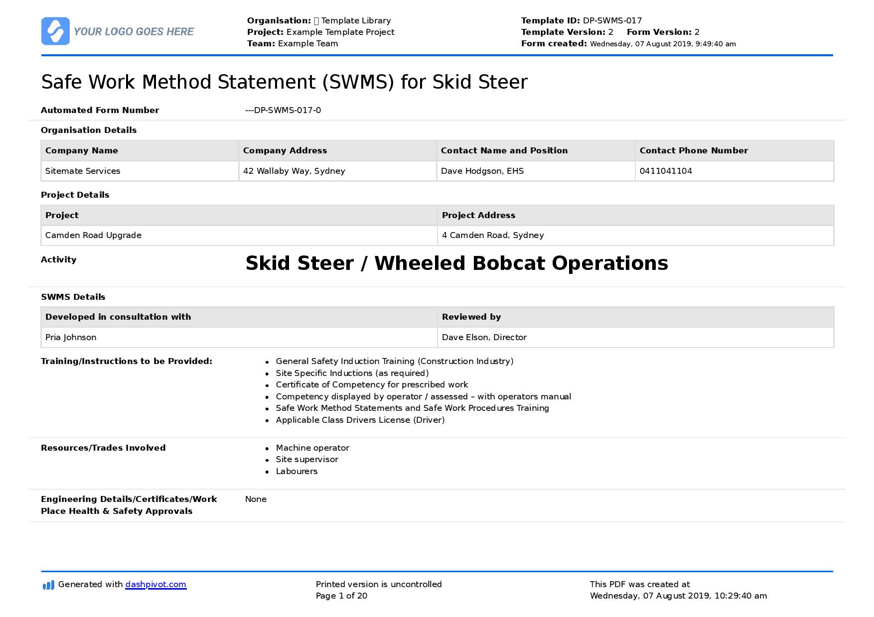 Skid steer loader safe work method statement