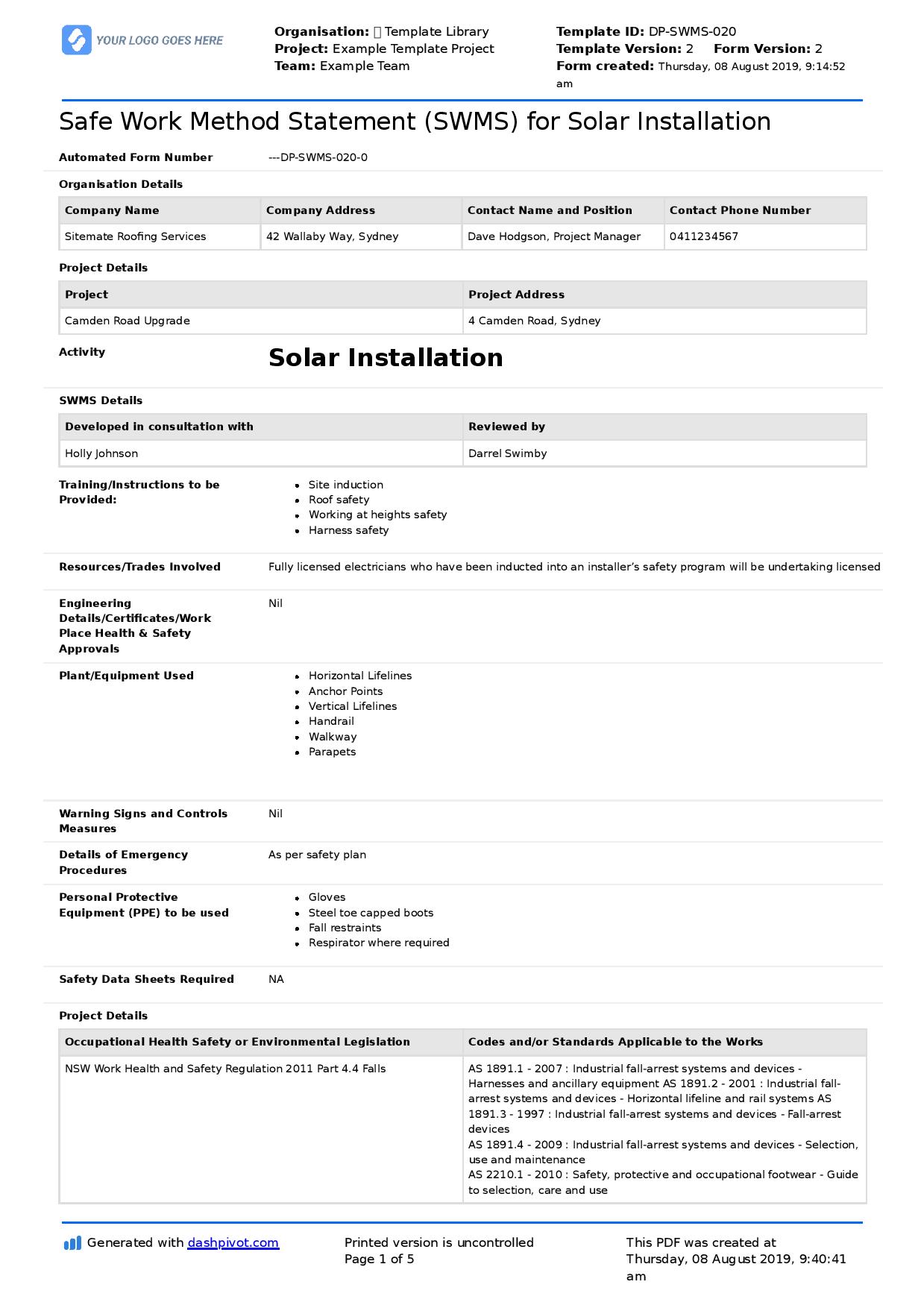 Safe Work Method Statement (SWMS) for Solar Installation
