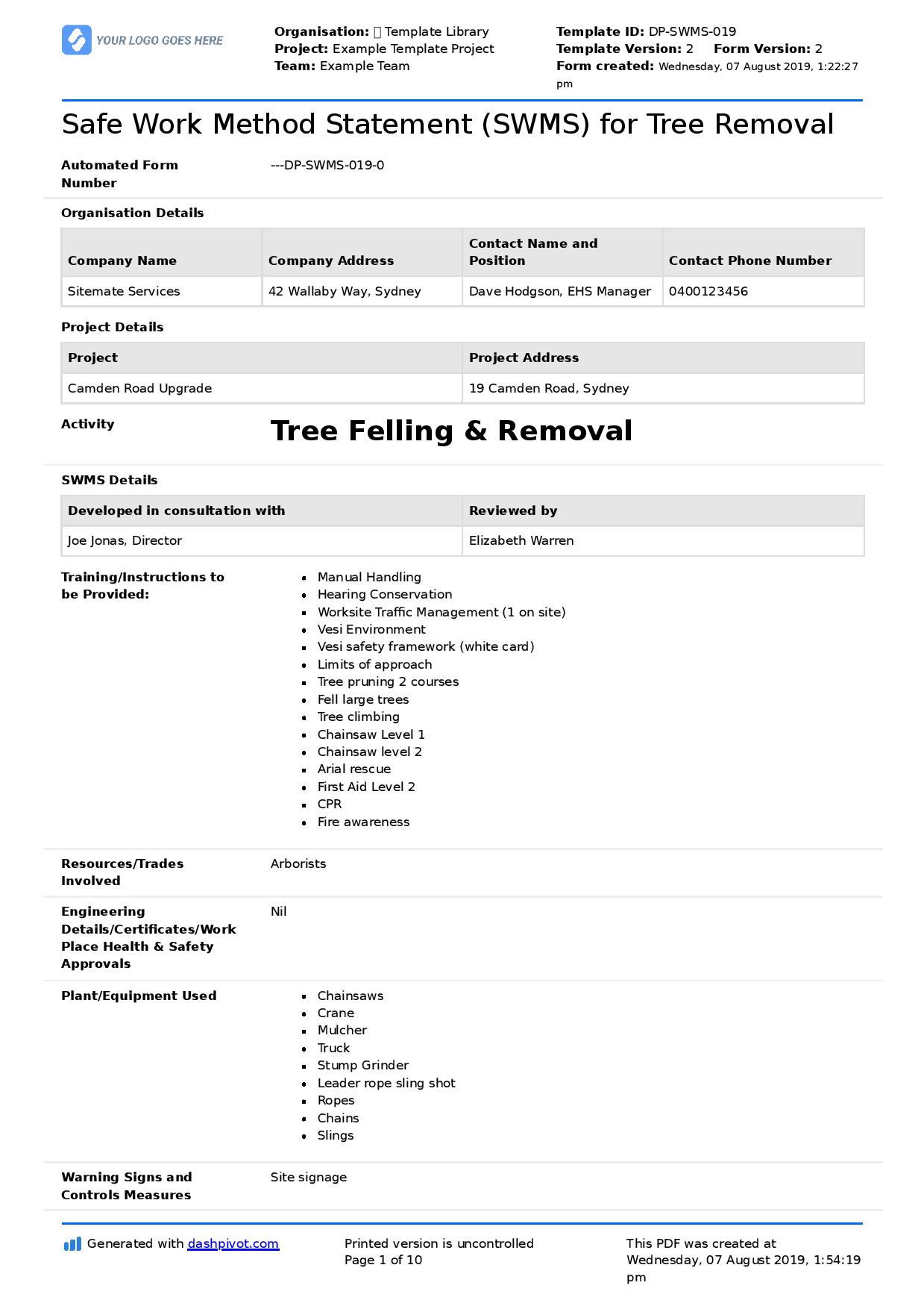 Tree Felling and Tree Removal Safe Work Method Statement