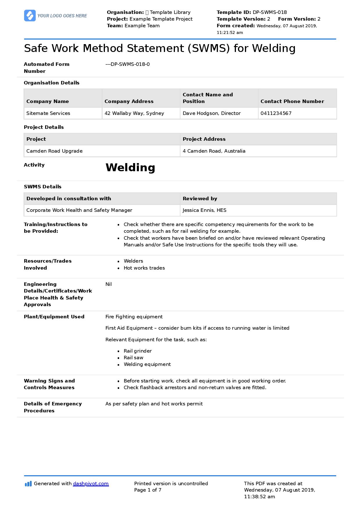 Welding safe work method statement