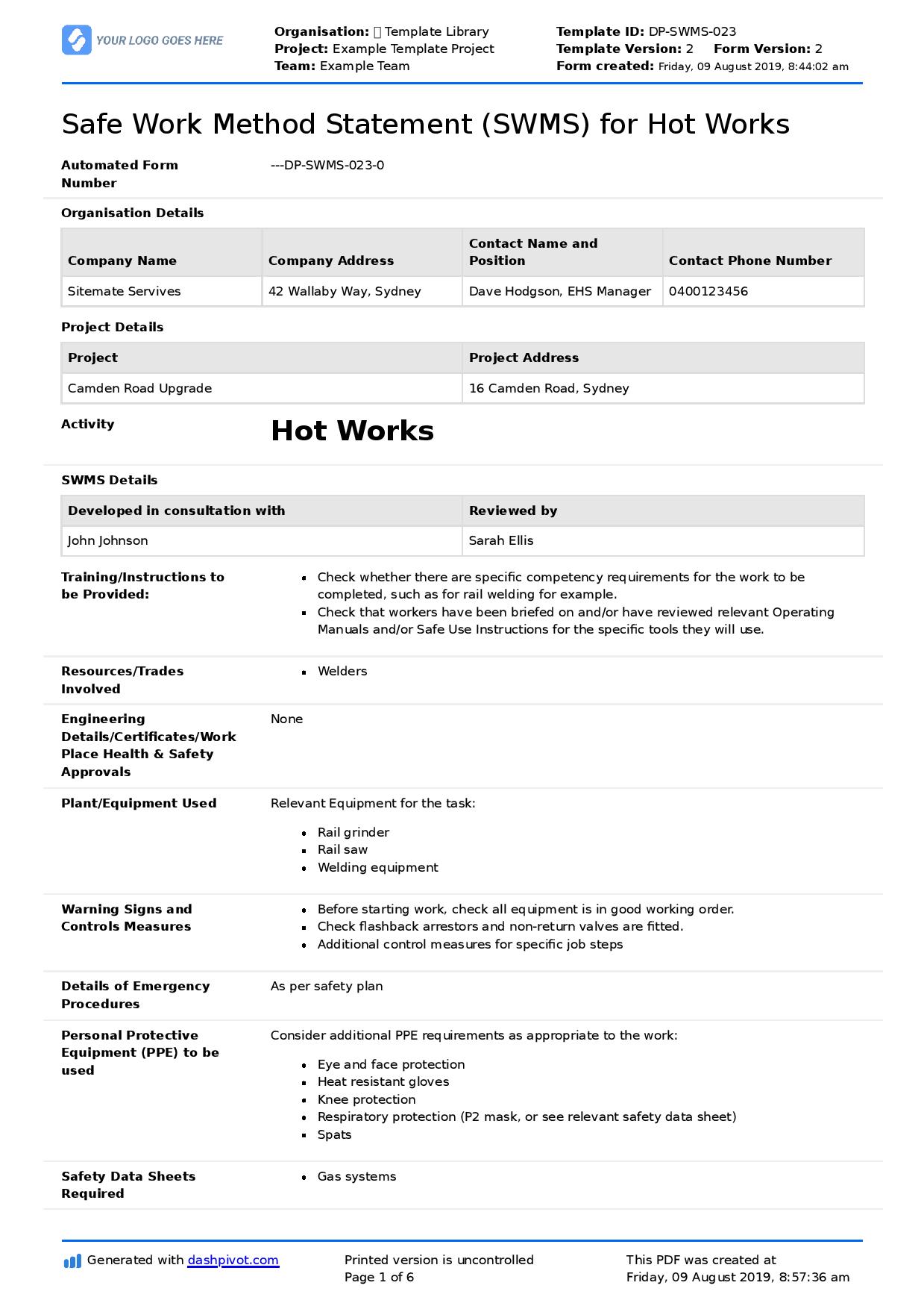 Safe Work Method Statement for Hot Works
