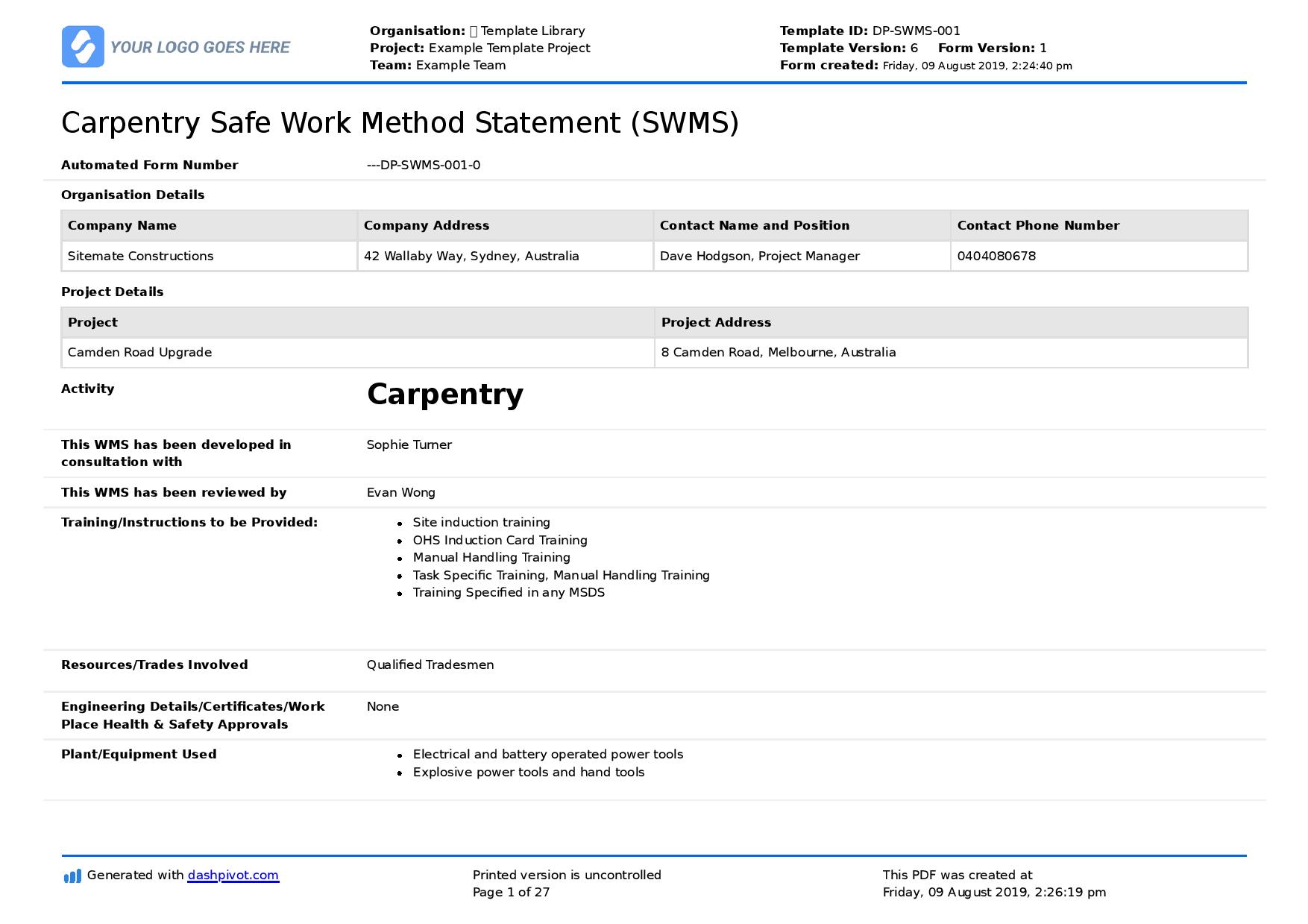 Safe work method statement for carpentry