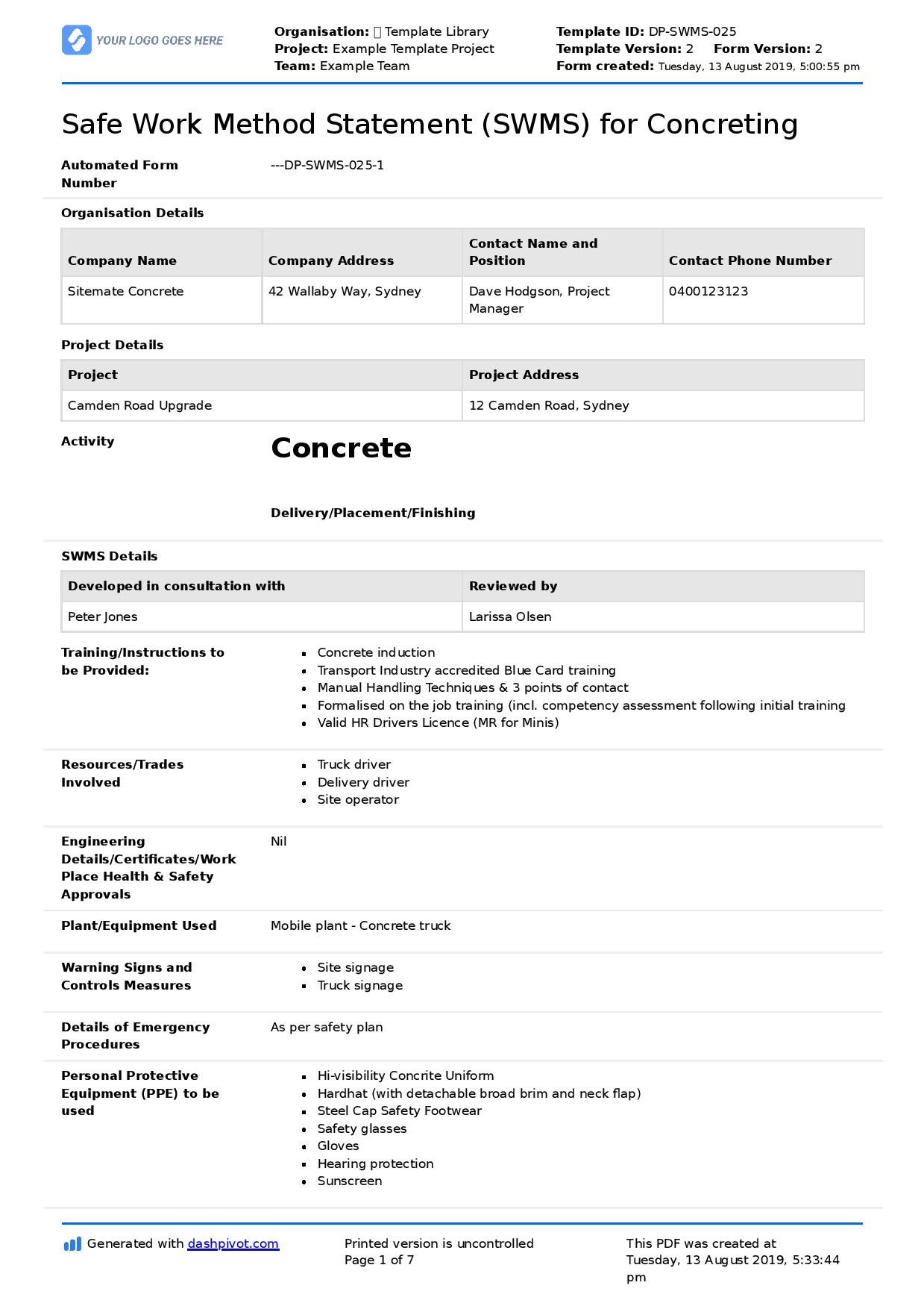 Concrete safe work method statement