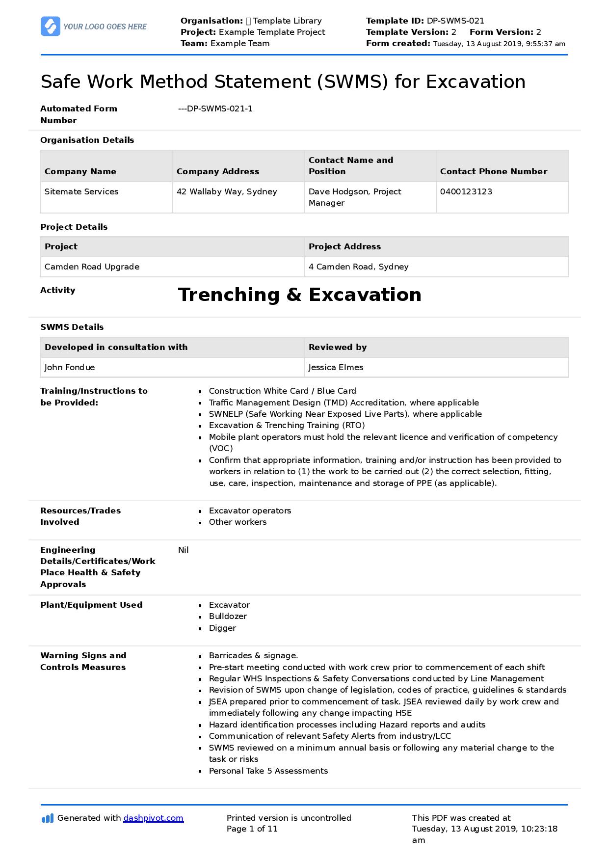 Excavation safe work method statement SWMS