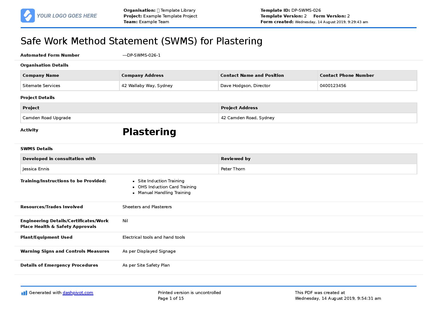 Safe work method statement plastering