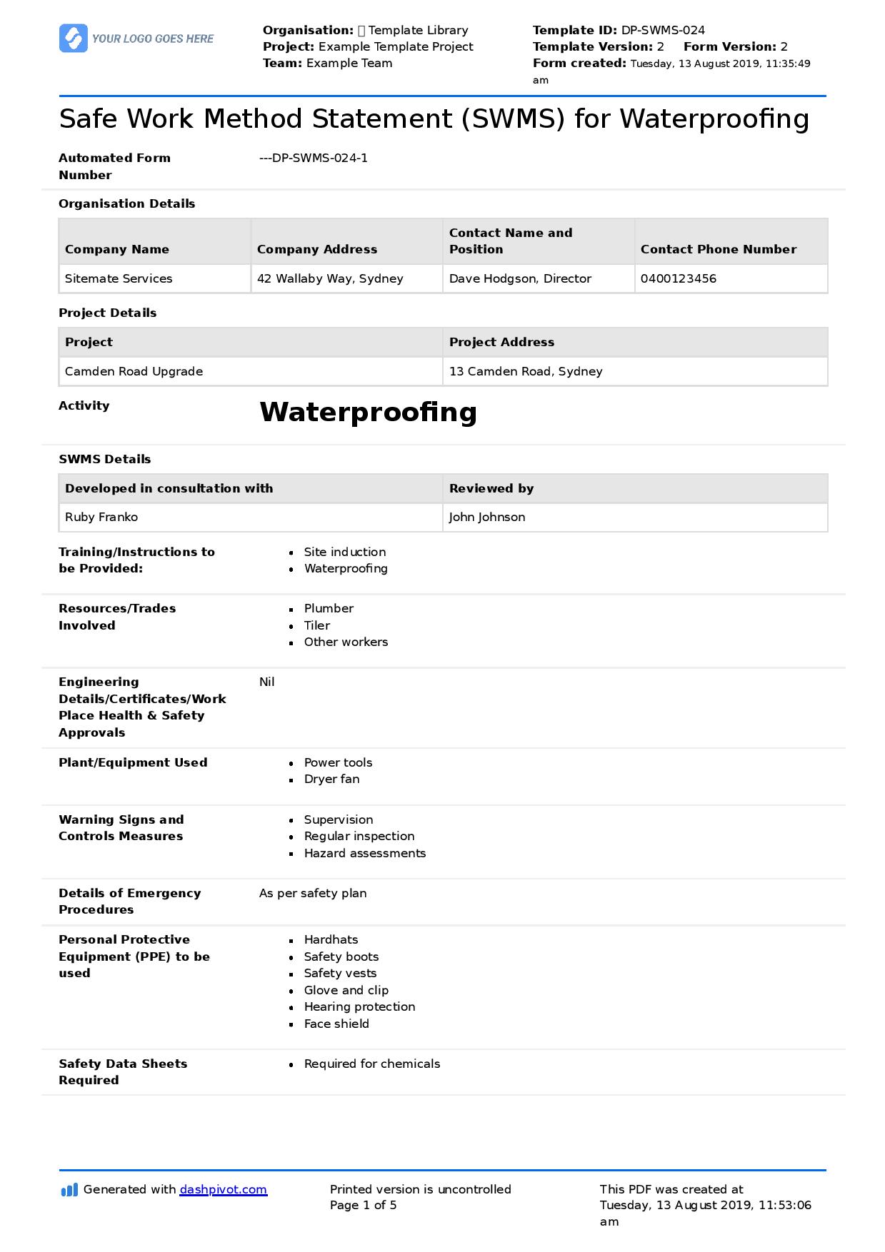 Waterproofing Safe Work Method Statement