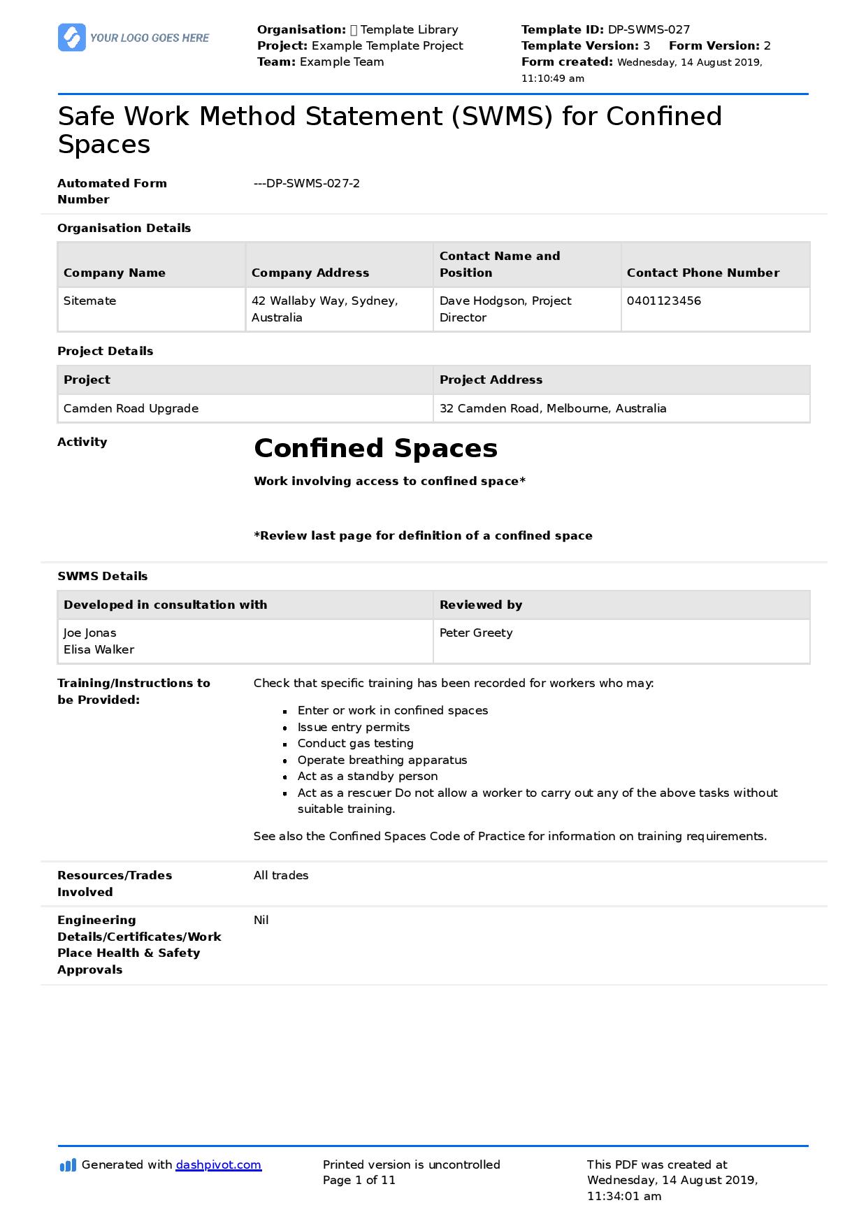 Safe work method statement for confined space