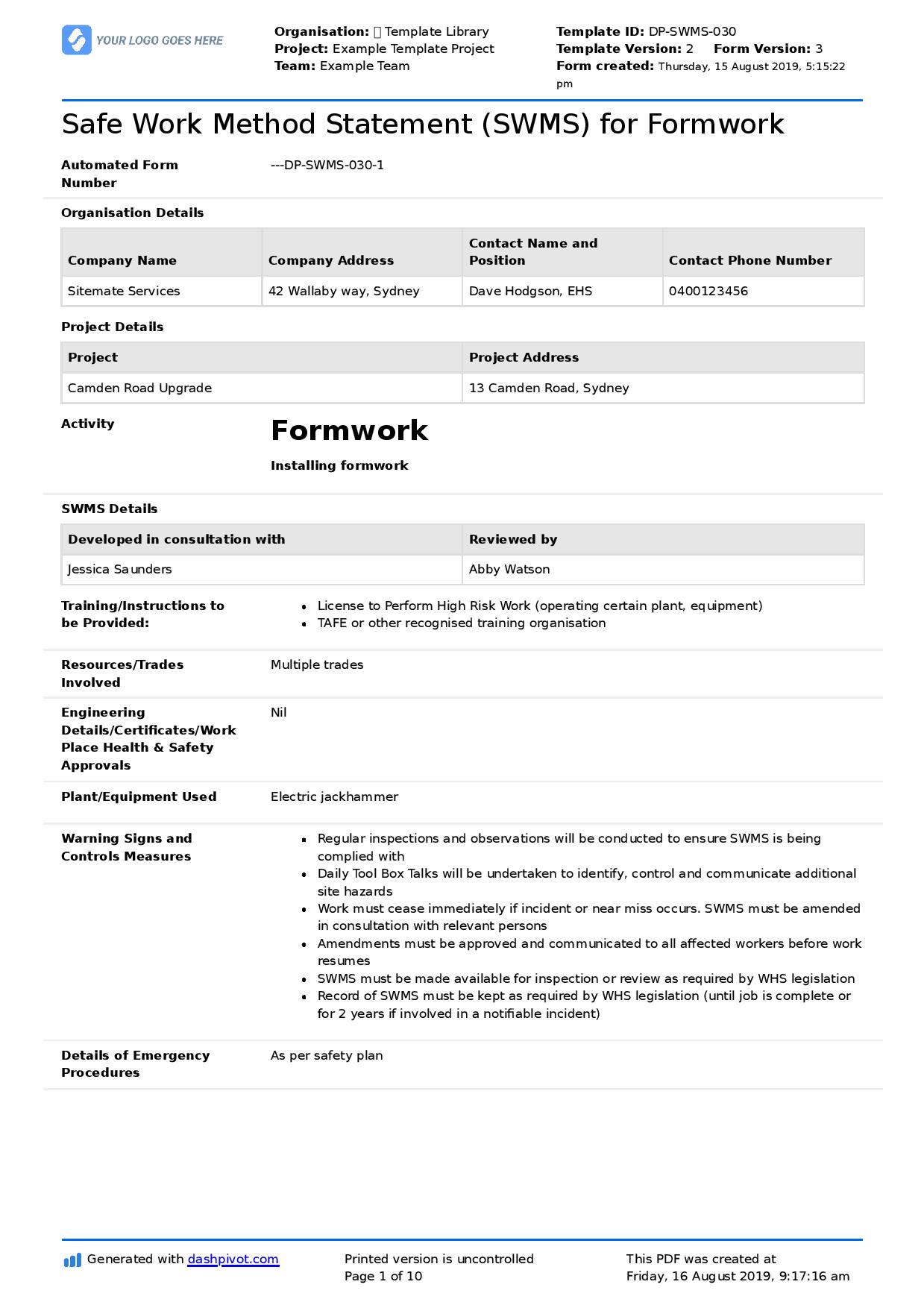 Formwork safe work method statement