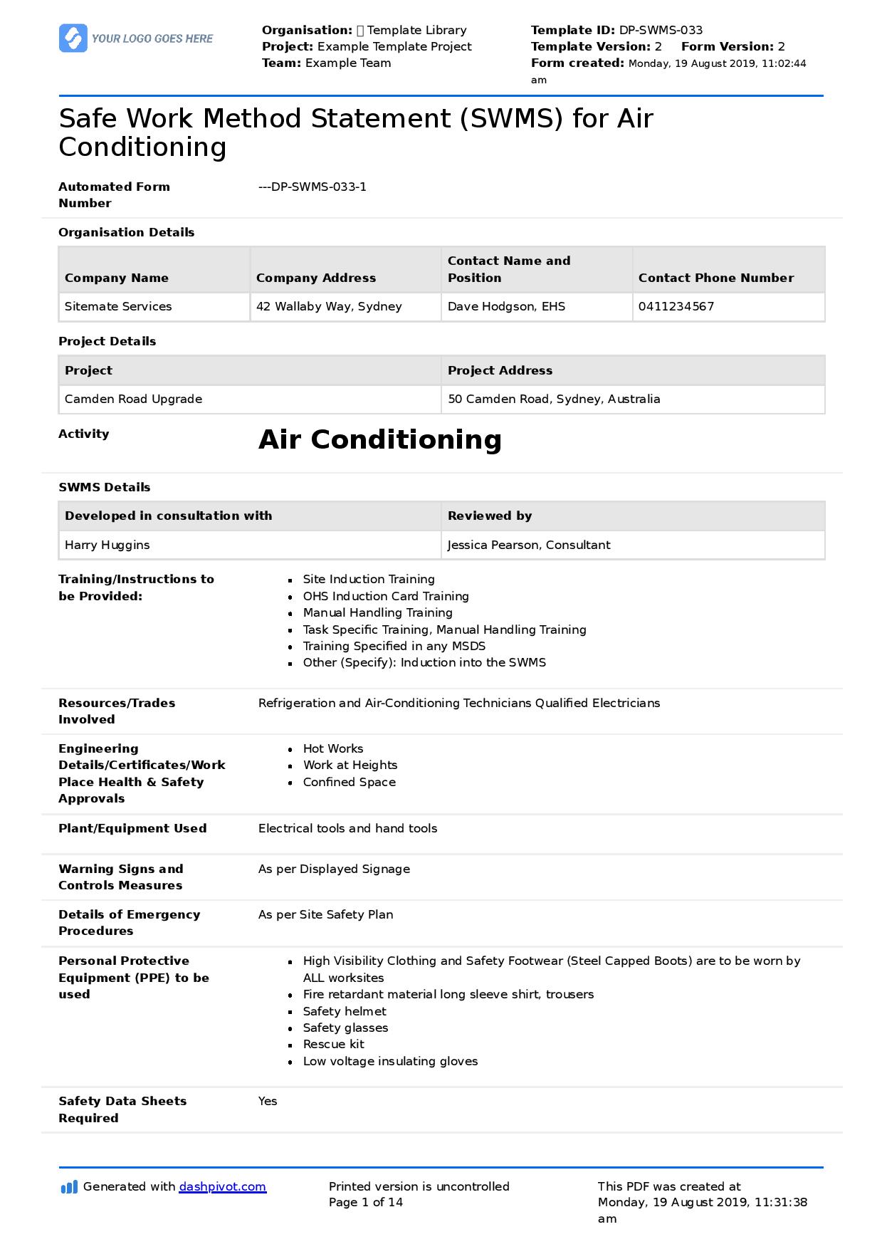 Air conditioning safe work method statement