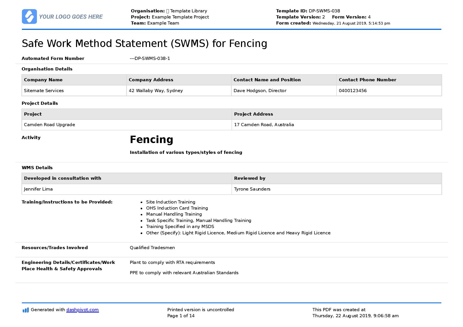 Safe work method statement for fencing
