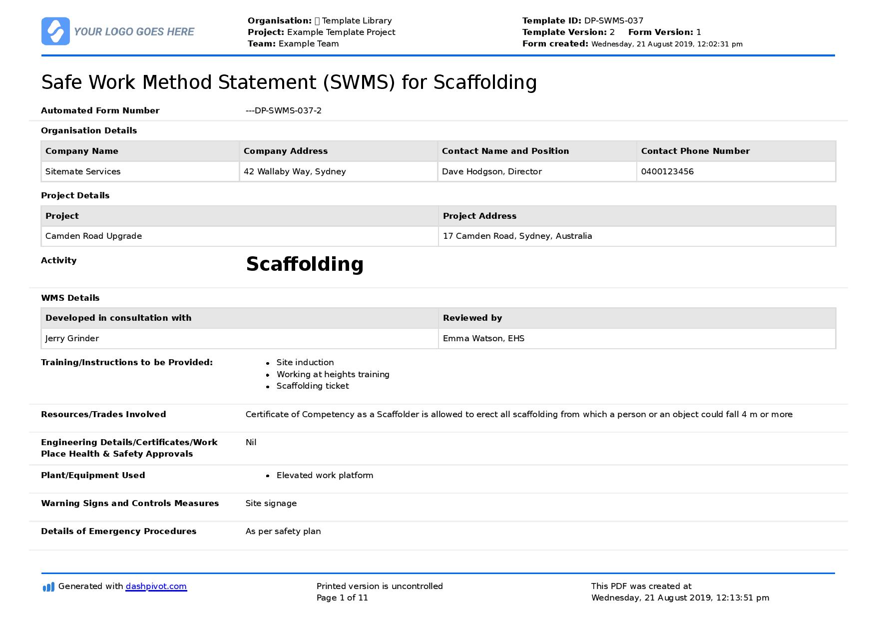 Safe Work Method Statement (SWMS) for ScaffoldingF