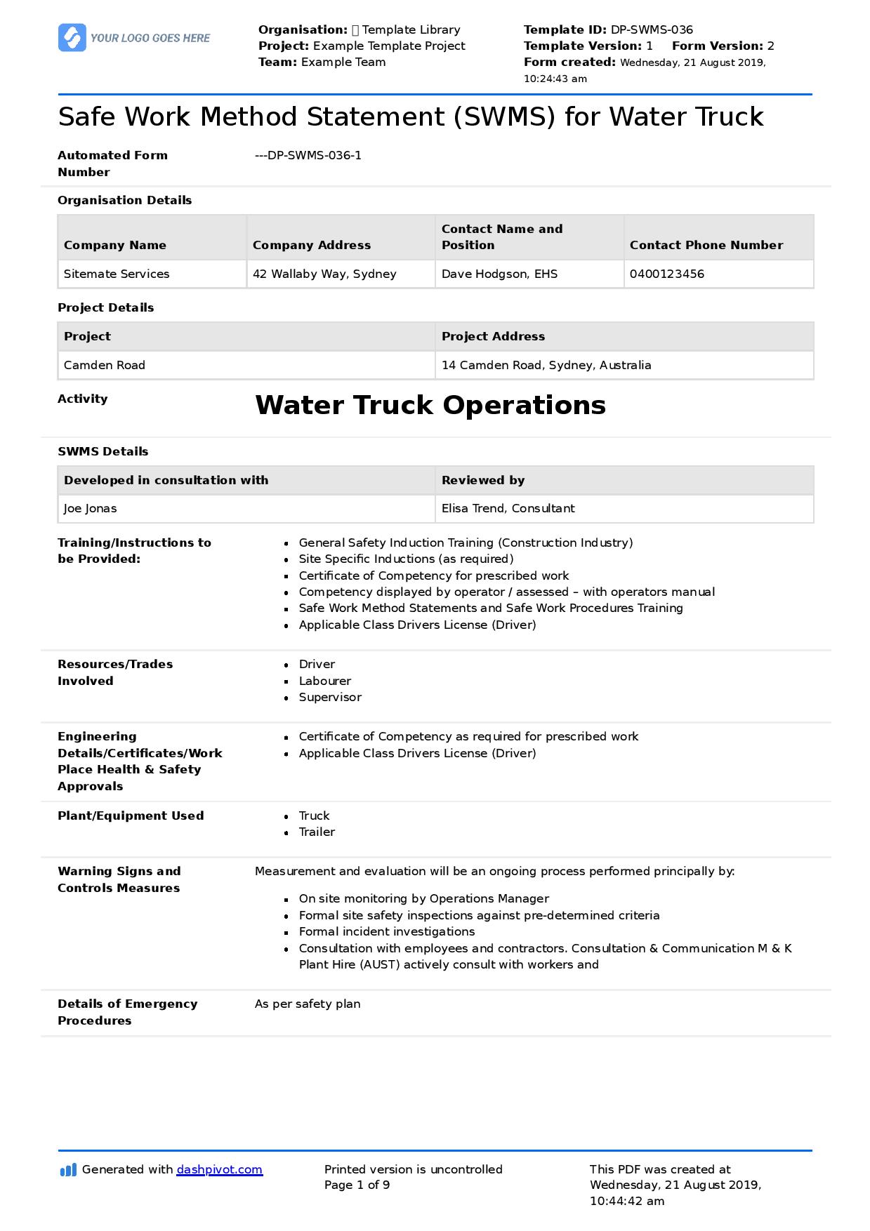 Water truck safe work method statement