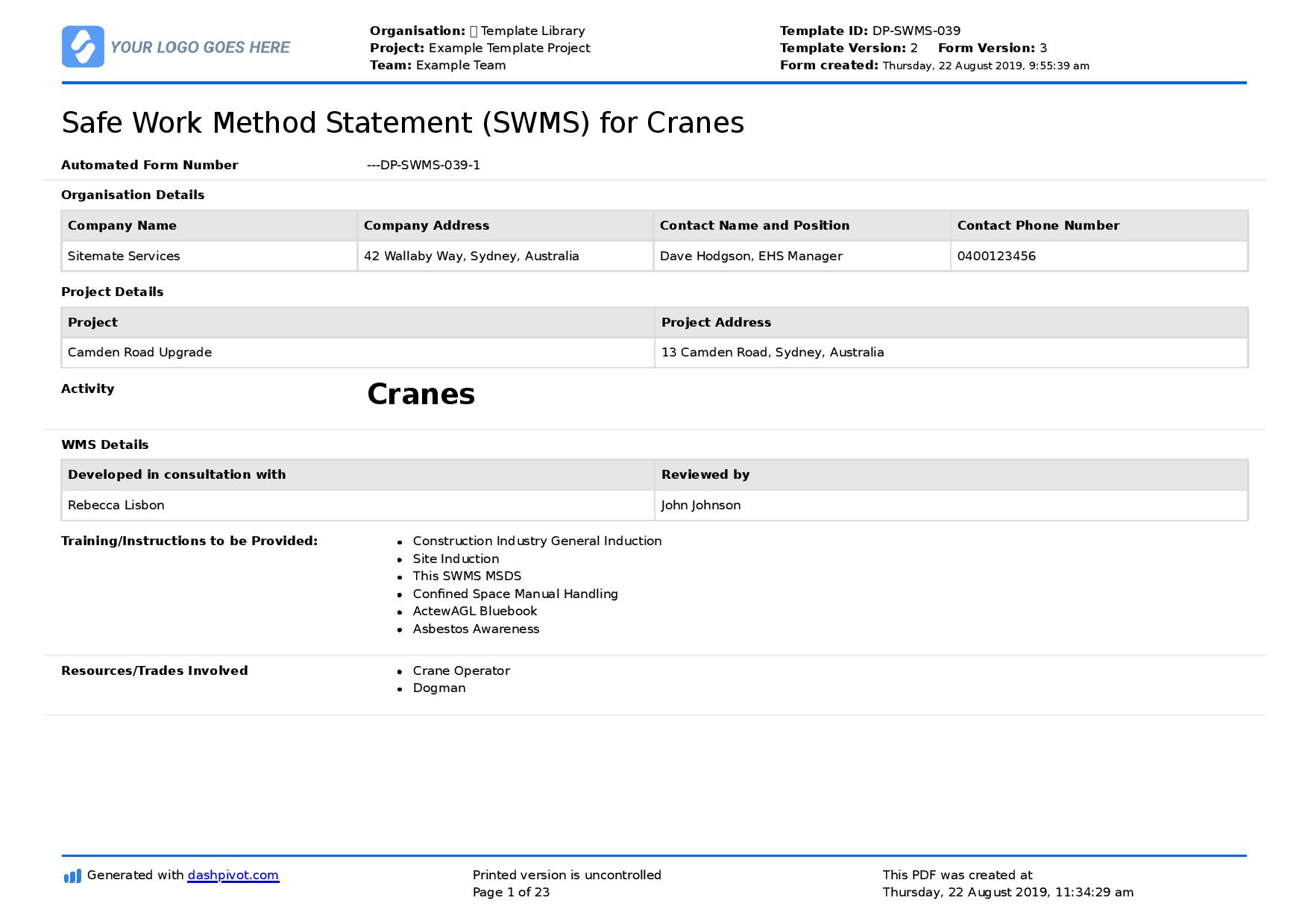 Safe Work Method Statement (SWMS) for Cranes