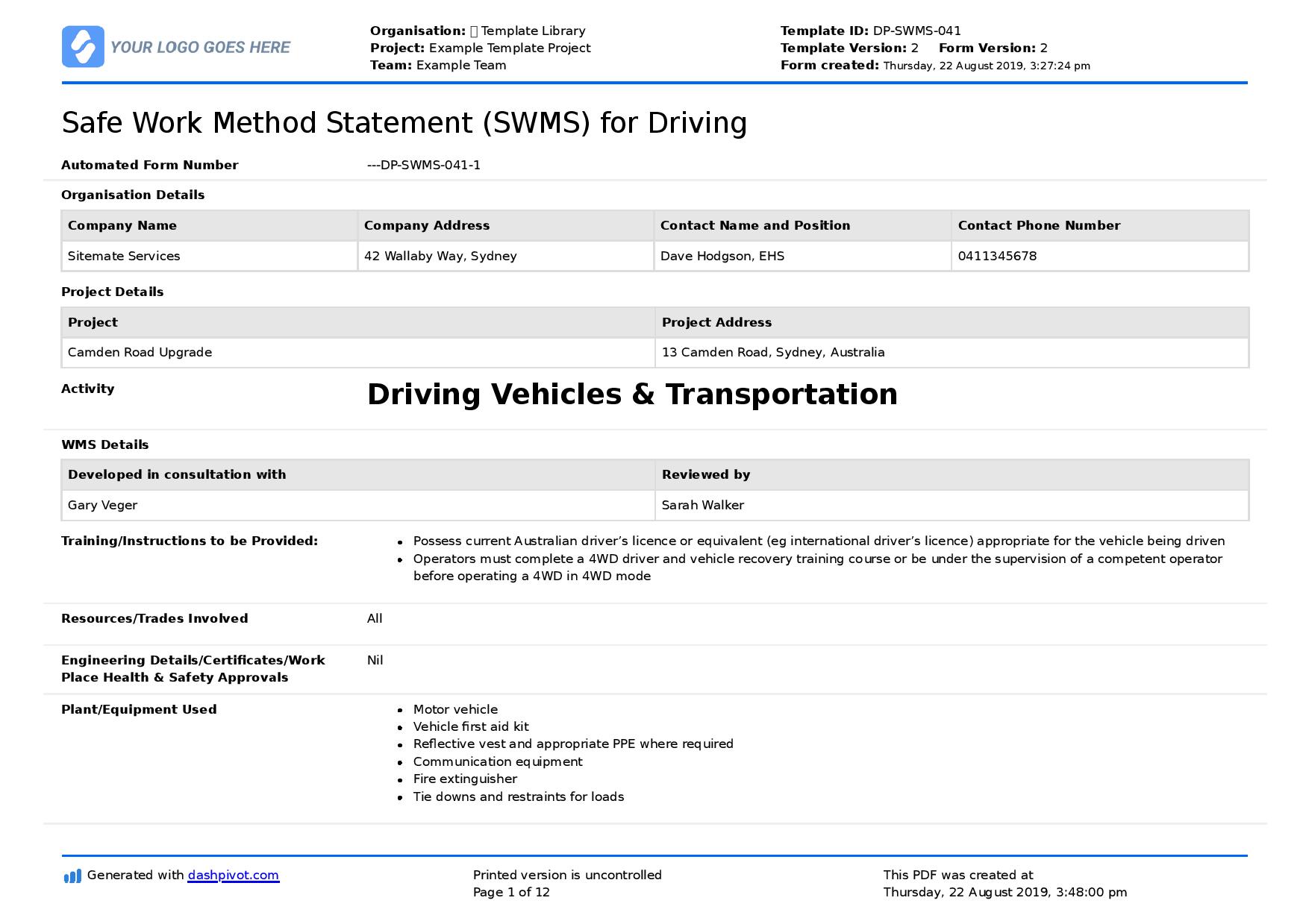 driving and transport safe work method statement (SWMS)