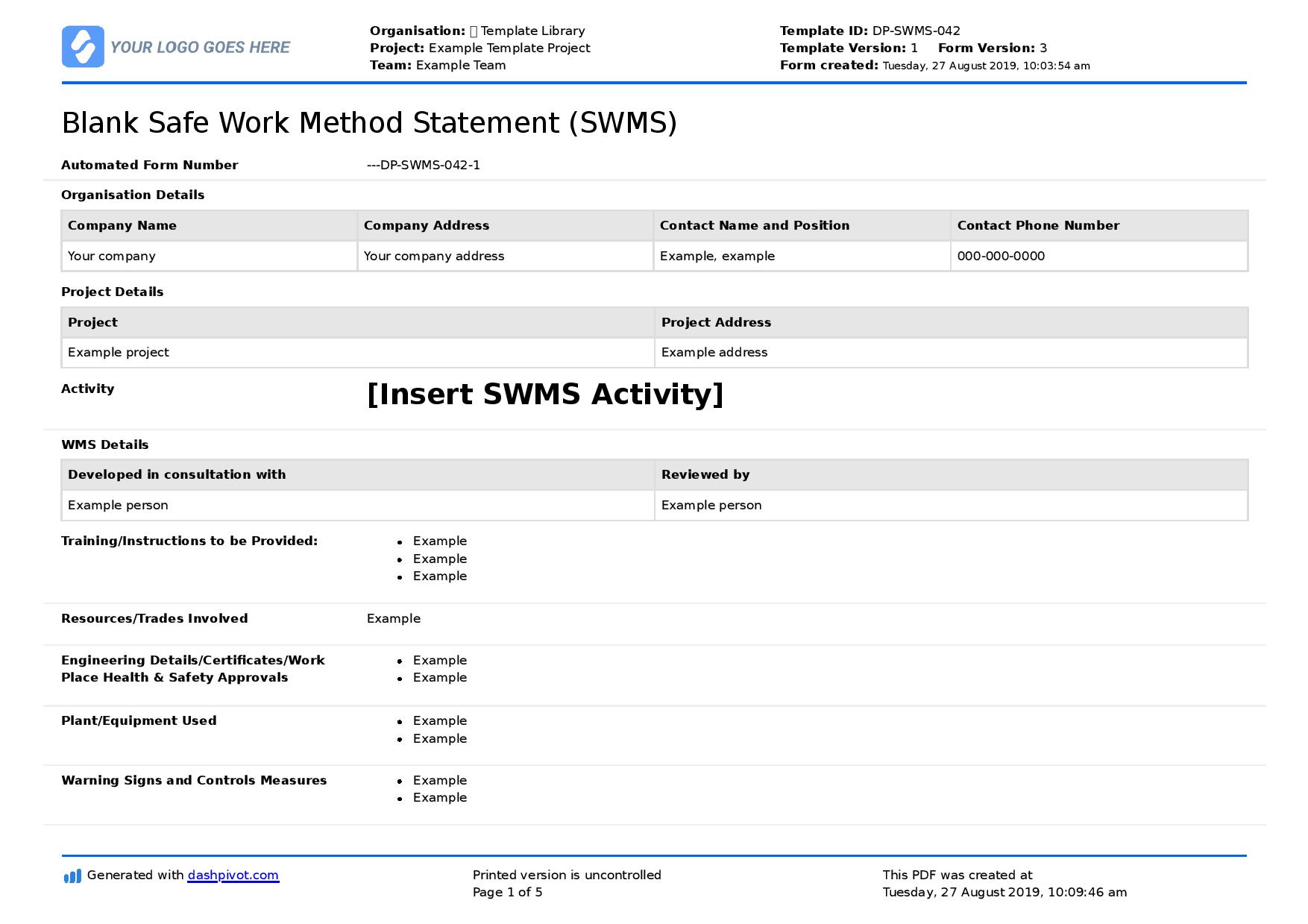 Generic safe work method statement