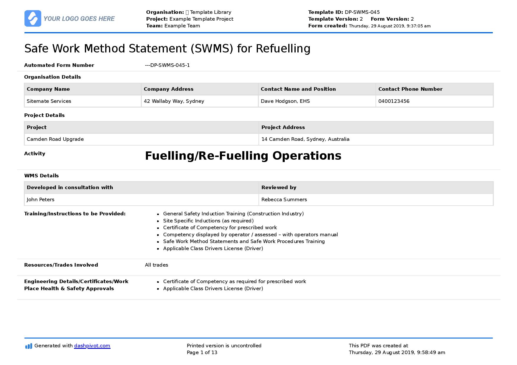 Fuelling safe work method statement