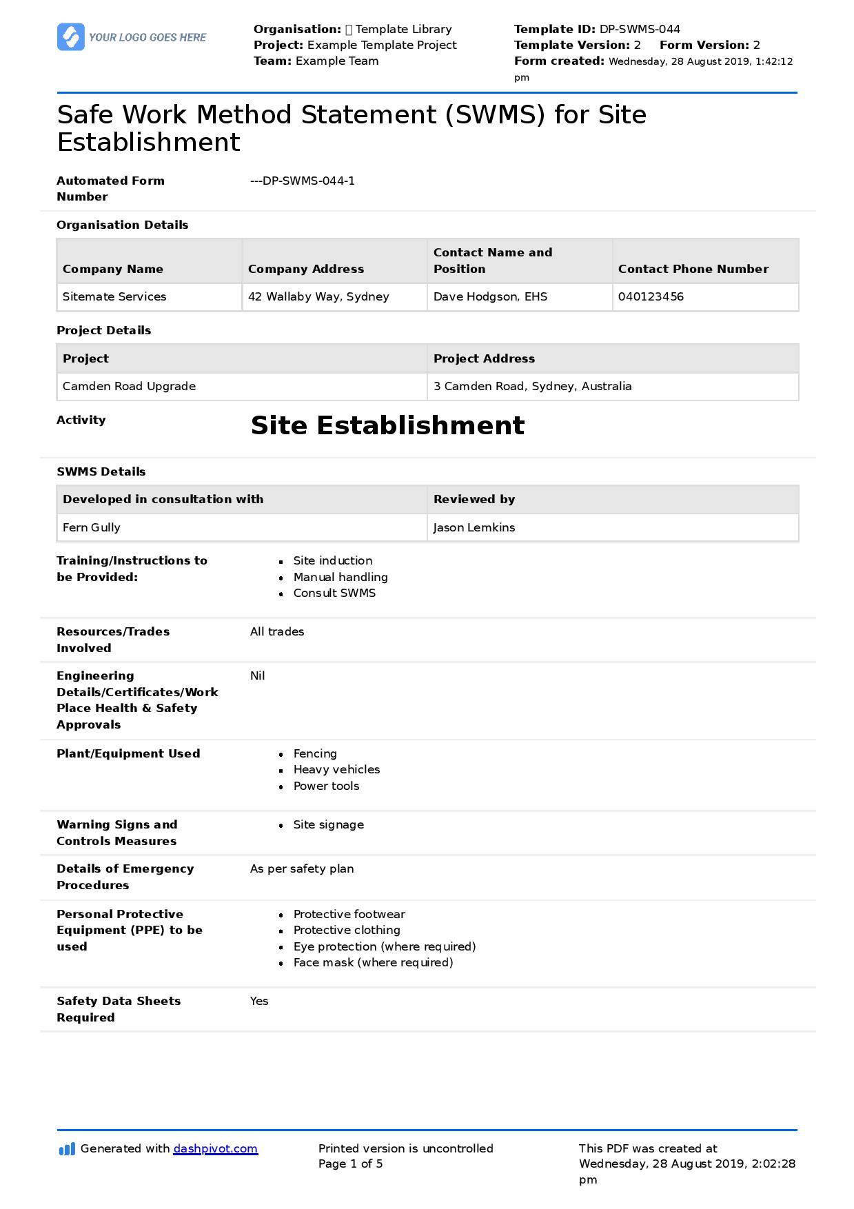 Safe work method statement for site establishment