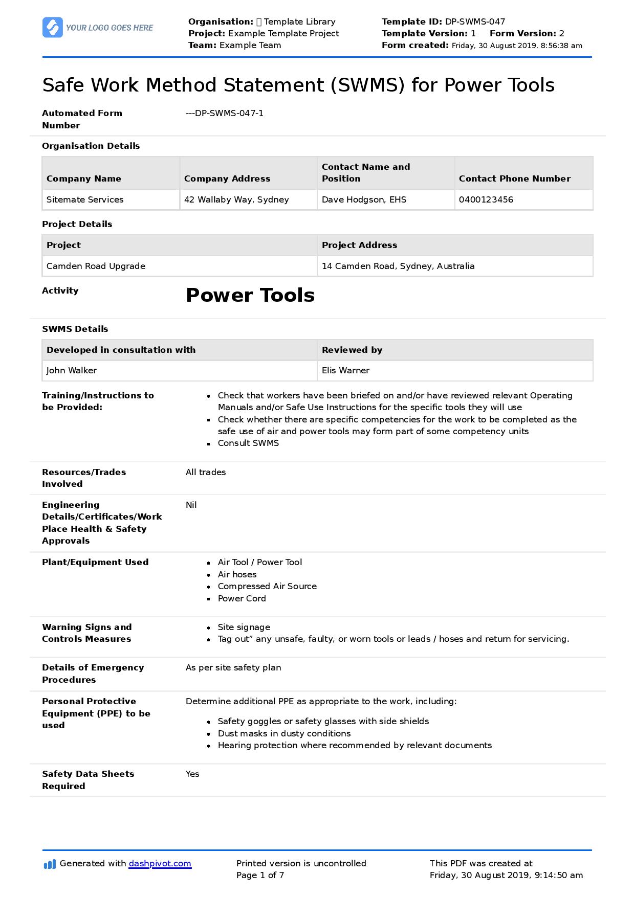 Power tools safe work method statement