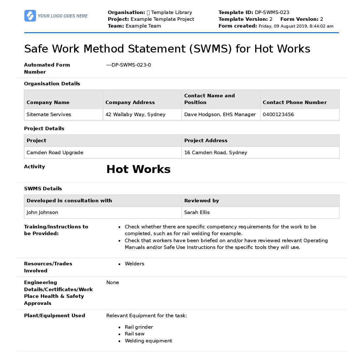SWMS template SWMS template