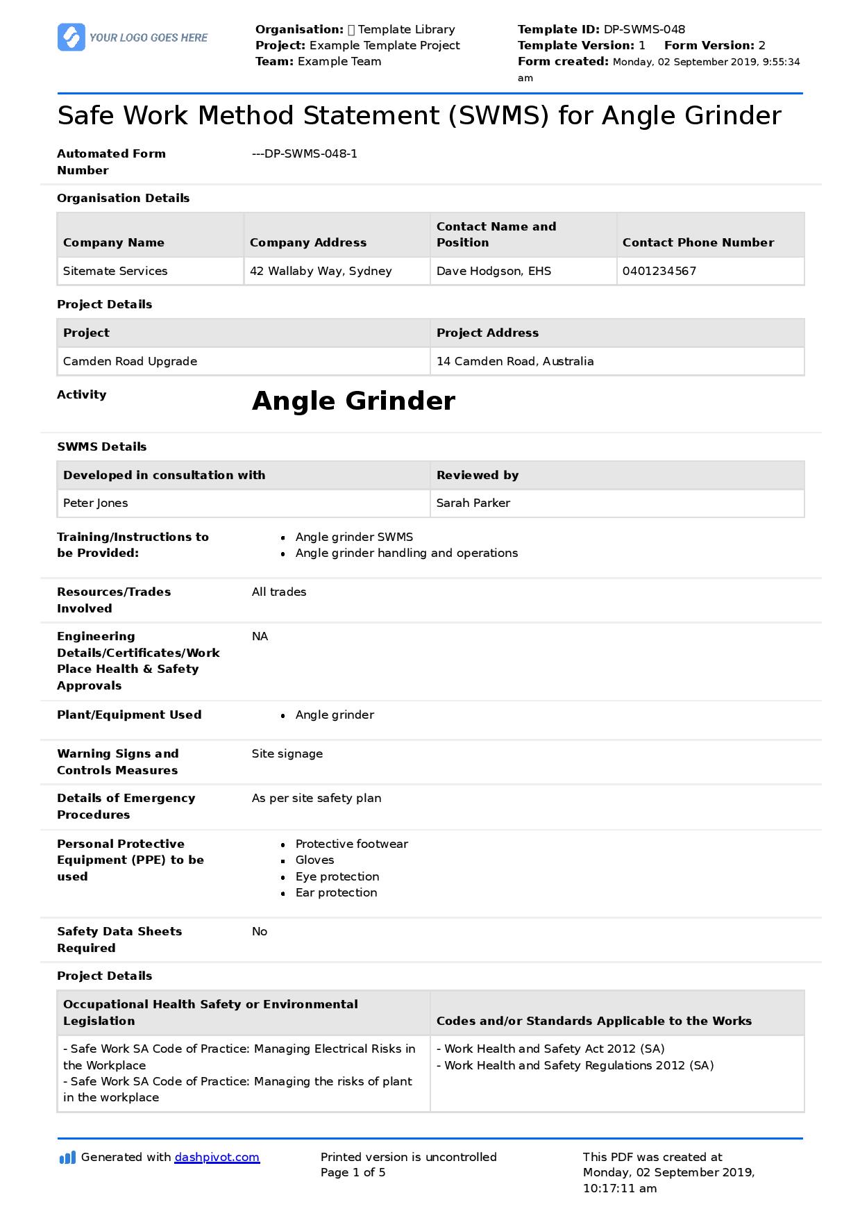 Angle grinder safe work method statement