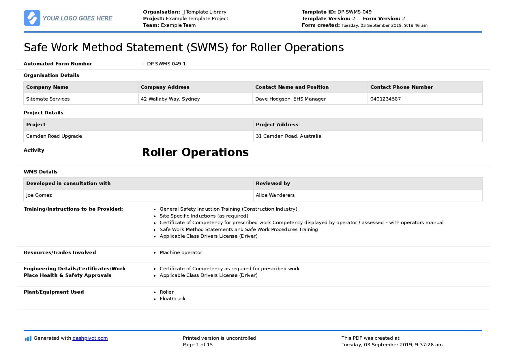 Roller operations safe work method statement