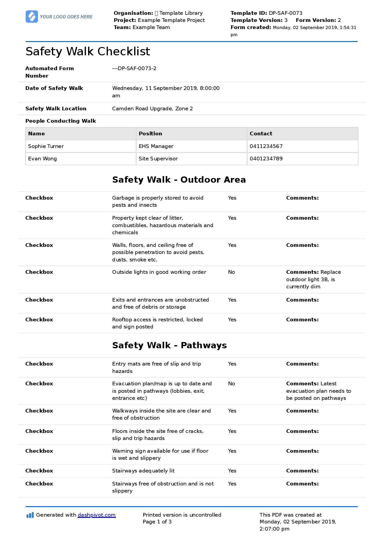 Safety walk checklist