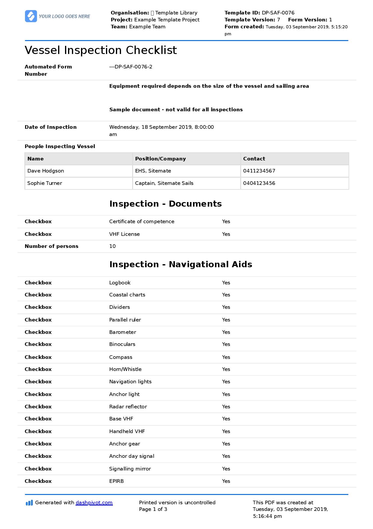 Vessel inspection checklist