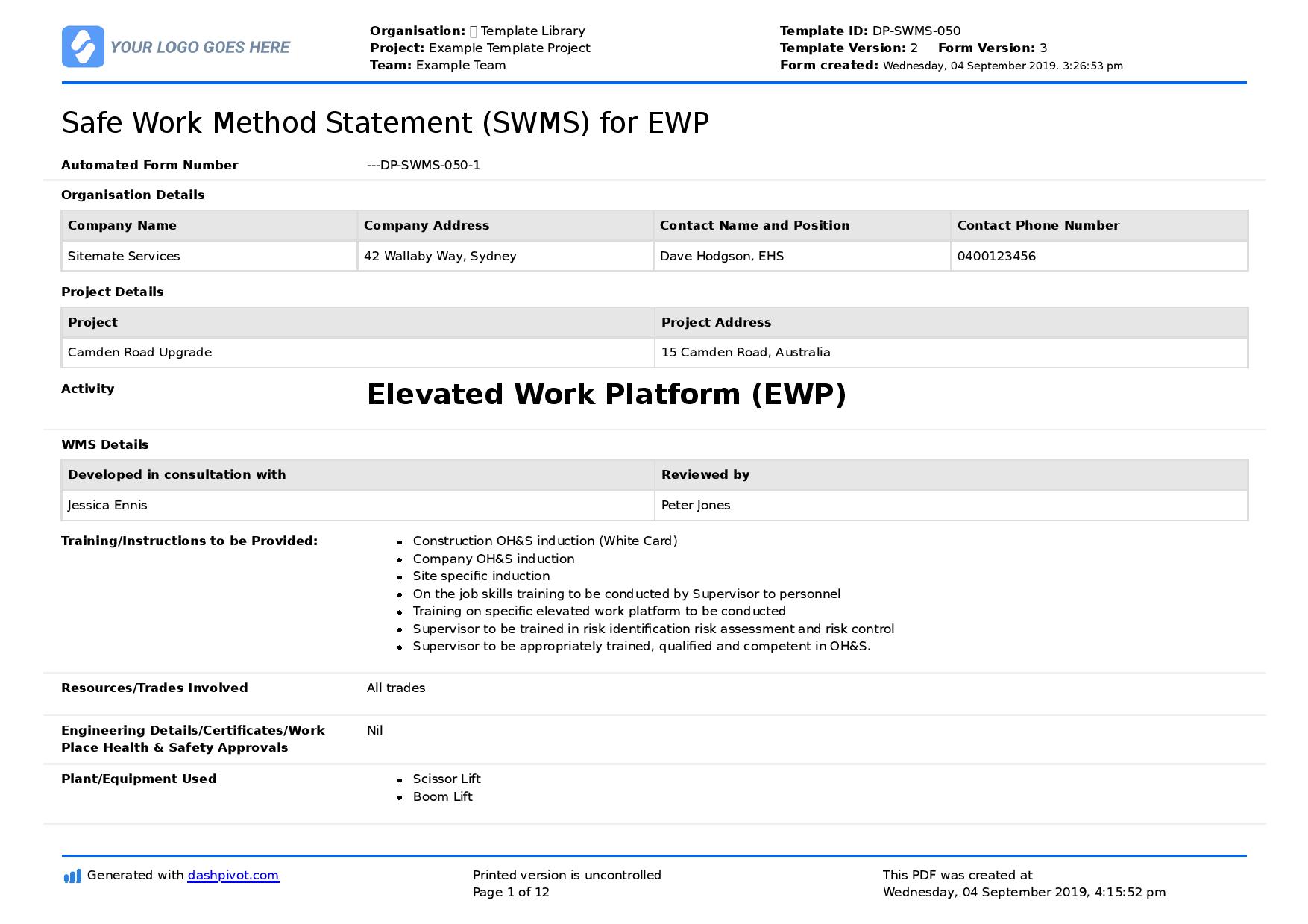 EWP safe work method statement