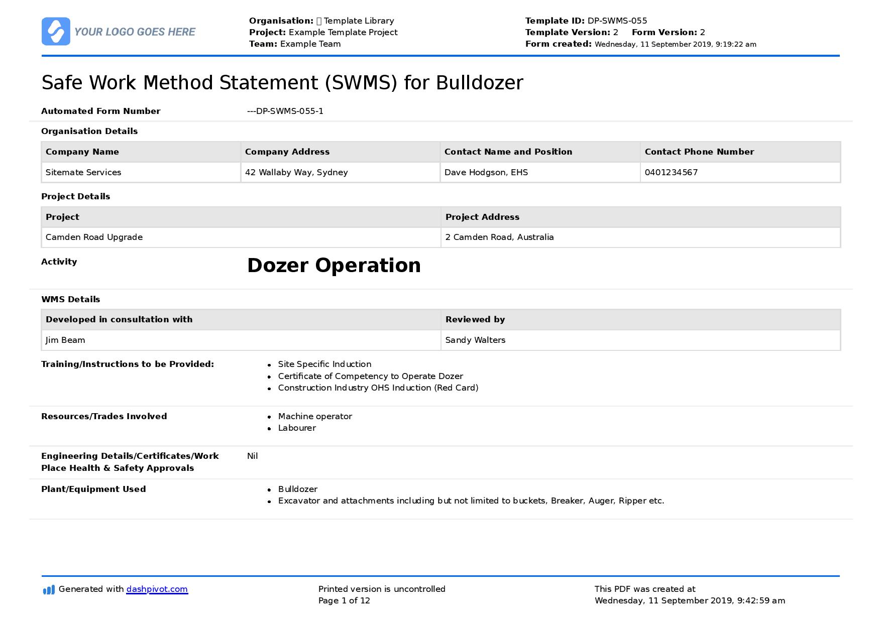 Bulldozer safe work method statement