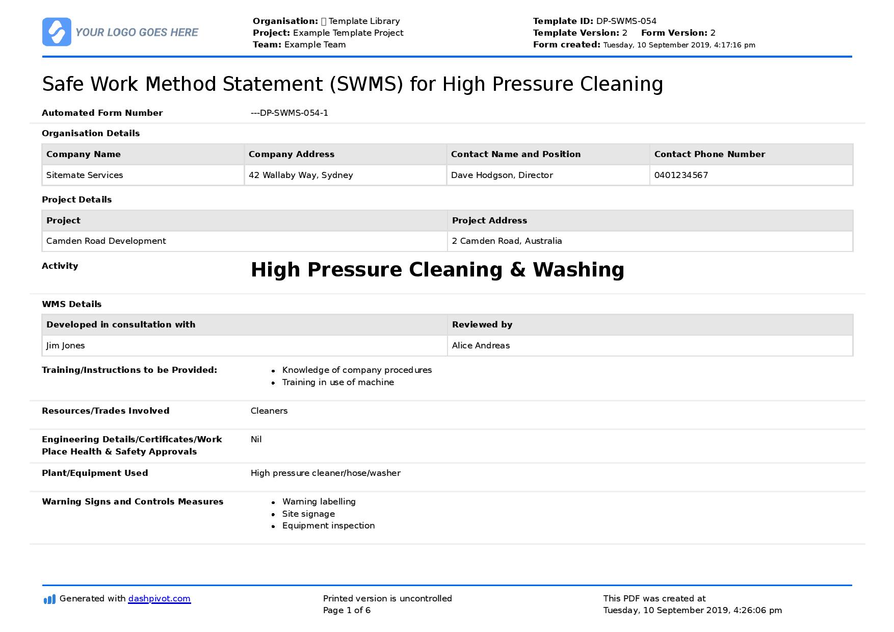 Pressure cleaning safe work method statement