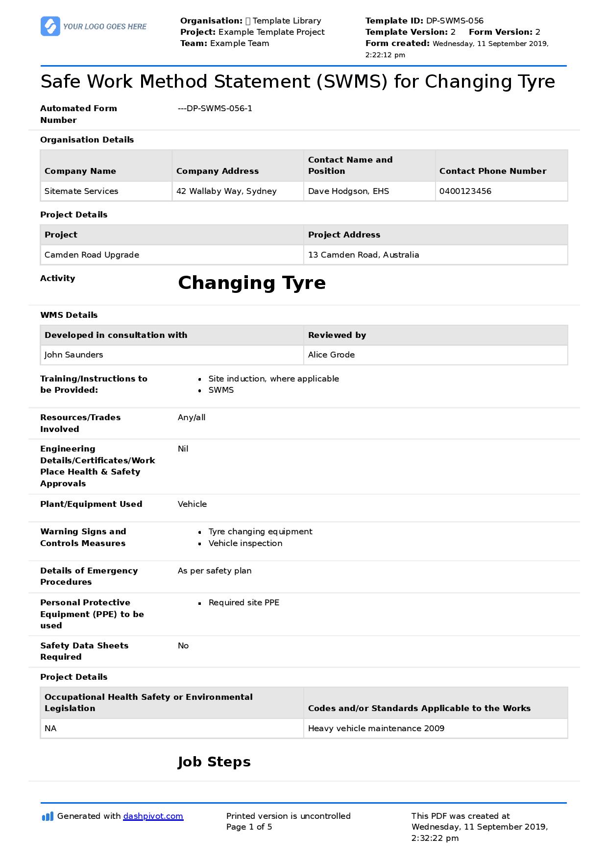 Changing tyre safe work method statement