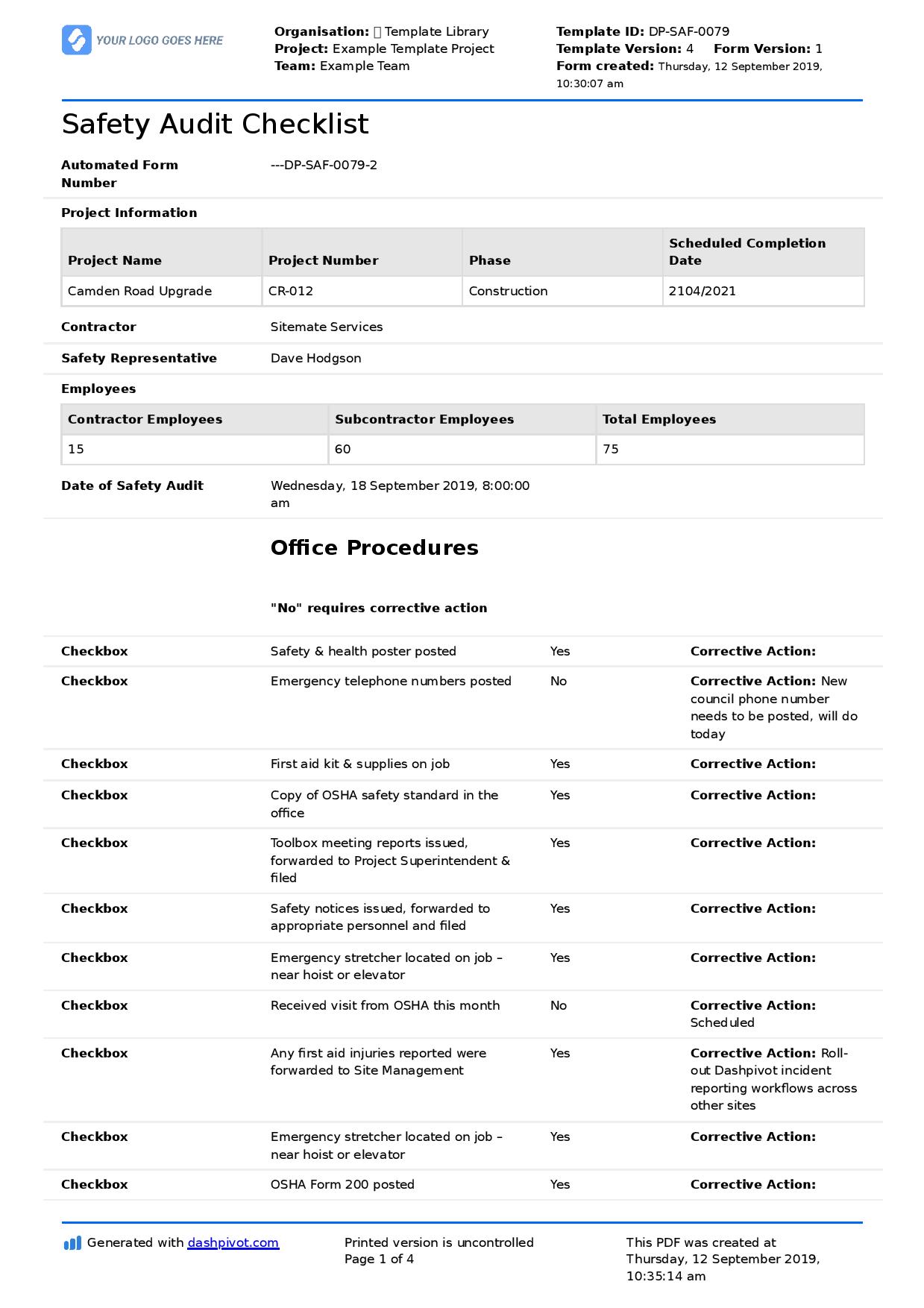 Safety audit checklist template
